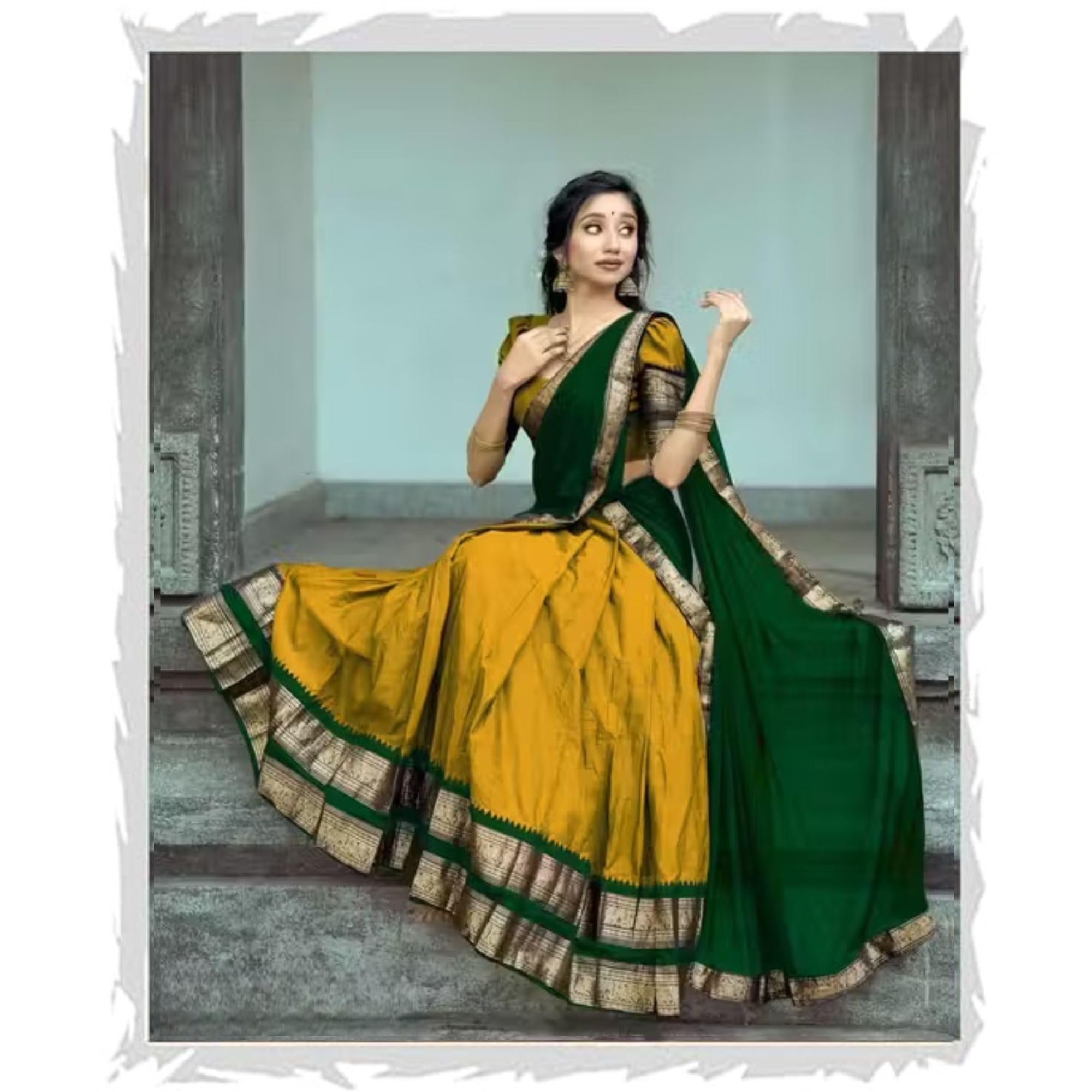 Gold Green Color With Green Dupatta South Indian Style Semi-Stich Traditional Lehenga Choli For Women Half Saree