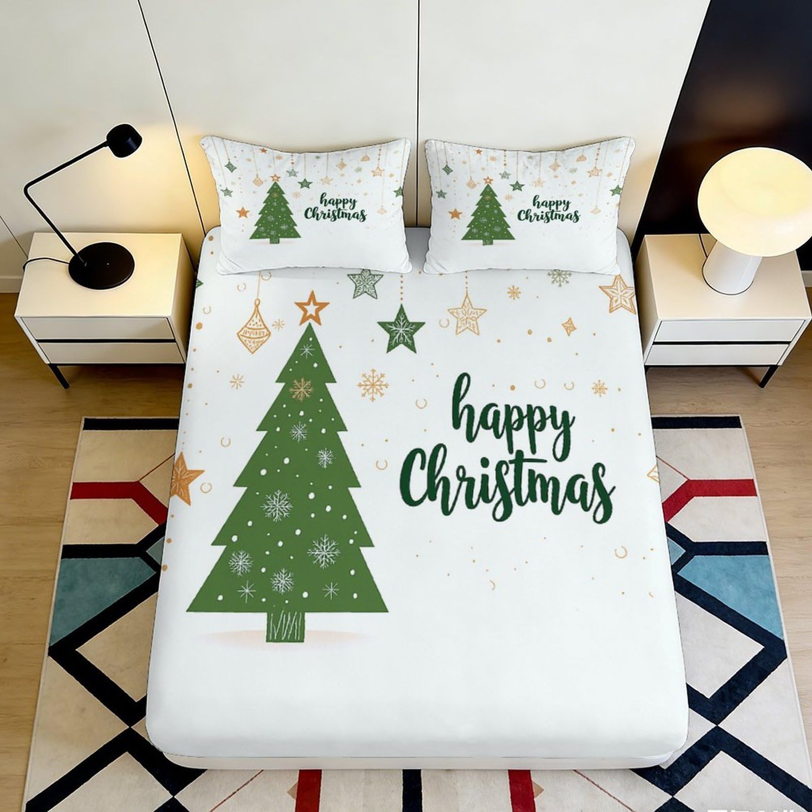 Pnayamiorkfel Style-4 3D Printed Christmas Tree Fitted Sheet Microfiber Festive Star Pattern Bed Cover For Bedroom Guest Room Easy Care 90X200x25cm