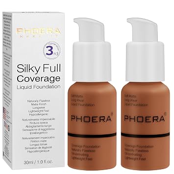 PHOERA Foundation, PHOERA Matte Liquid Foundation,PHOERA Makeup for Women, PHOERA Foundation Full Coverage Concealer, 30ml 24HR Matte Oil Control Concealer 109-Mocha*2
