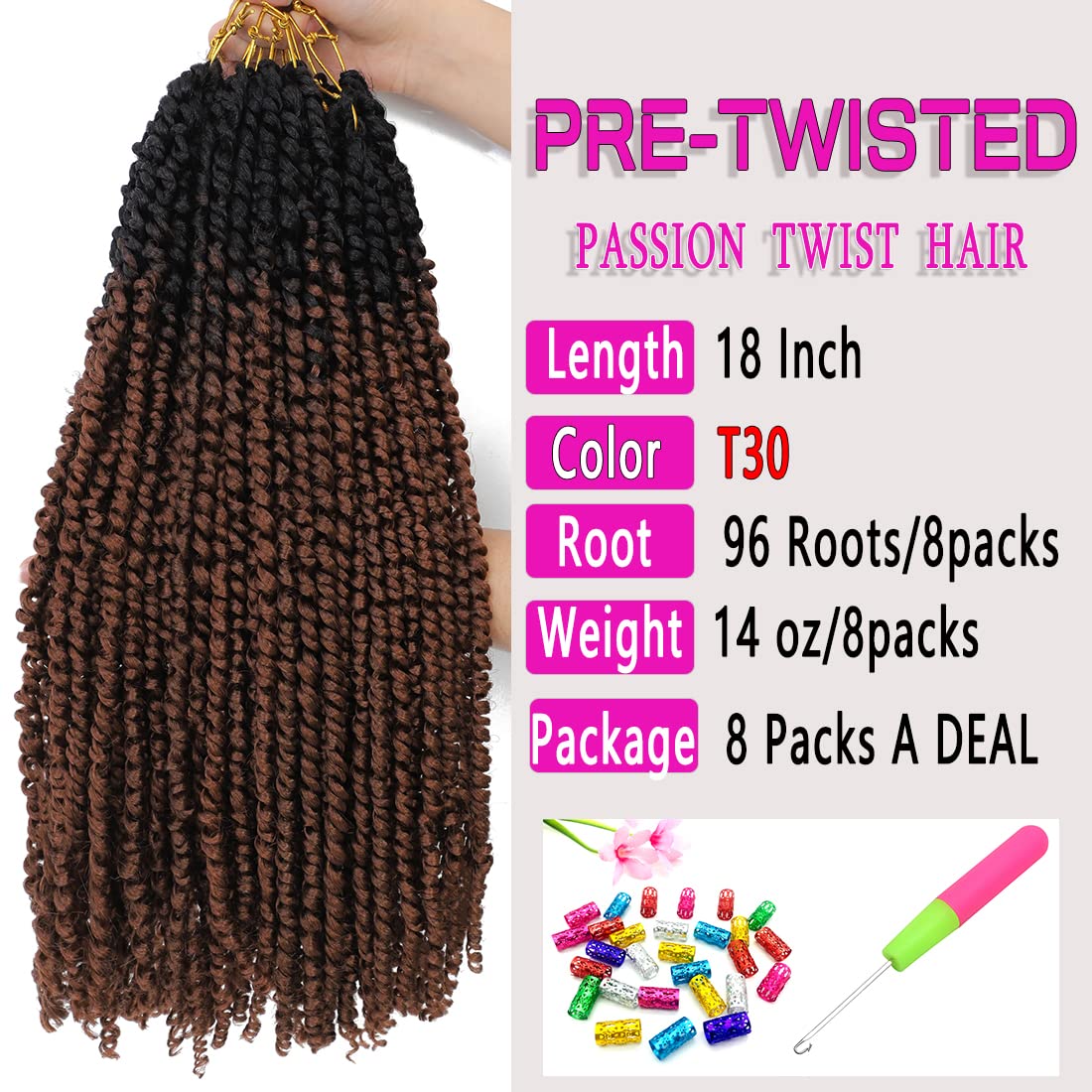 Bestlove Brown Passion Twist Crochet Hair Pre Looped for Black Women 18 Inch 8 Packs Boho Water Wave Curly Crochet Braids Hair Extensions (T30)