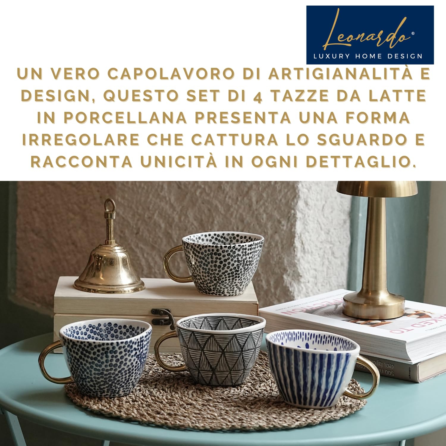 Set 4 Pezzi Tazze Eleganti Idea Regalo da Latte Porcellana 400 ml con Forma Irregolare Dipinte a Mano con Manici Dorati Raffinate Eleganti (Blu e Nero)
