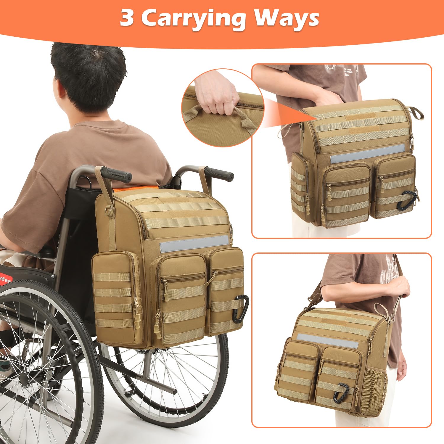 Bolsa para Silla de Ruedas (Parte Trasera), Bolsa para Silla de Ruedas | Nailon, correa de hombro y bolsa isotérmica, reflectante, amplia abertura, bolsa de almacenamiento táctica para andador