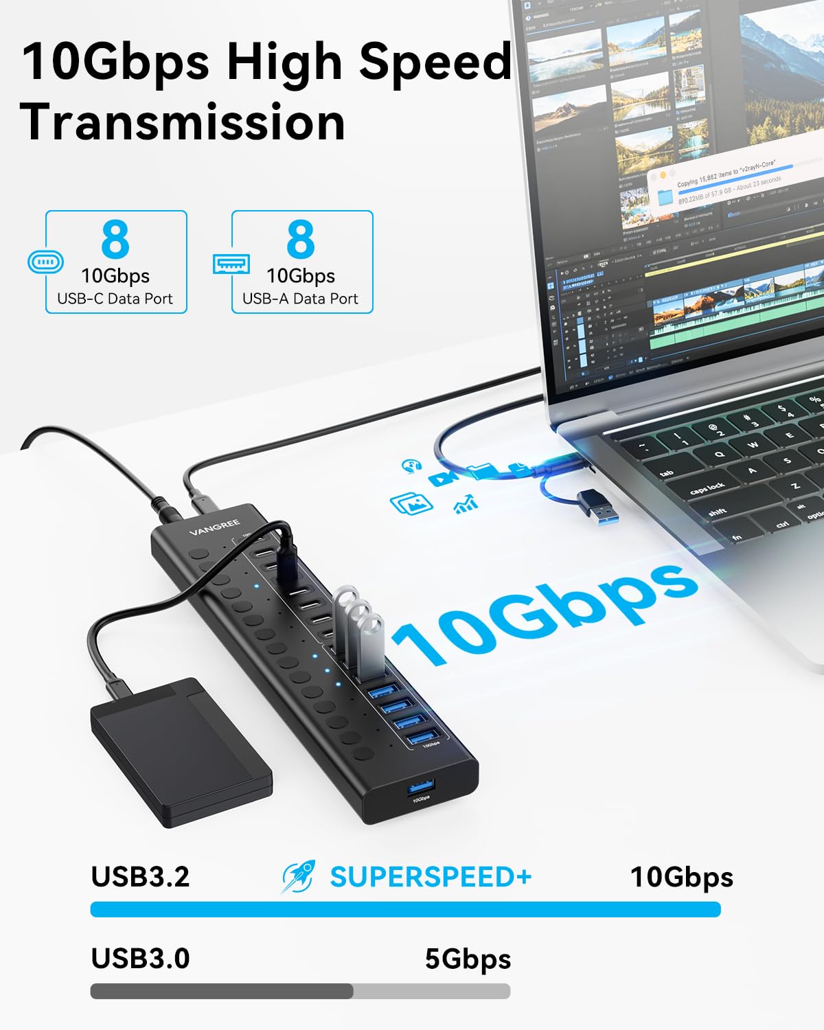 VANGREE Powered USB Hub, 16 Ports 10Gbps USB C Hub, 8X USB-A + 8X USB-C