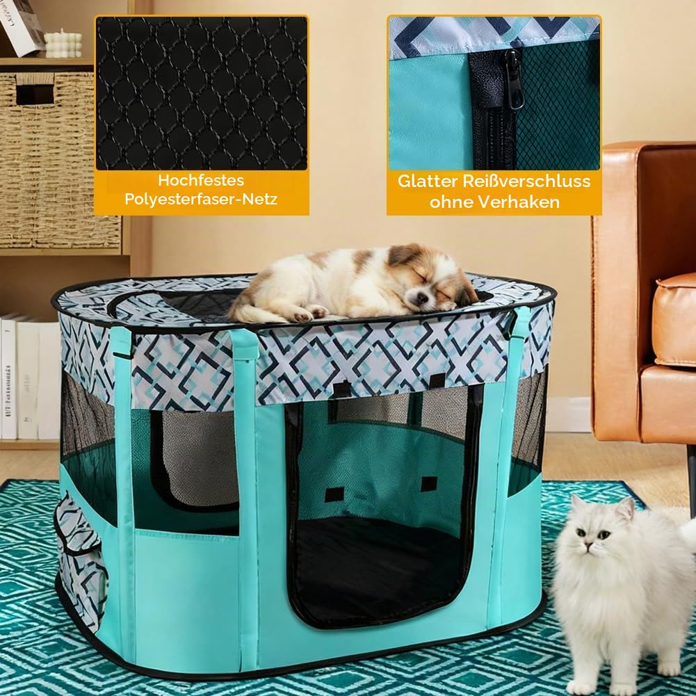 Welpenlaufstall Tierlaufstall,Faltbarer Haustierzaun,welpenauslauf faltbar,Tragbar katzengehege Kennel,70x55x40cm Kleintiergehege,Rechteckiges Zelt für Hunde, Katzen und Kleintiere(Grün)