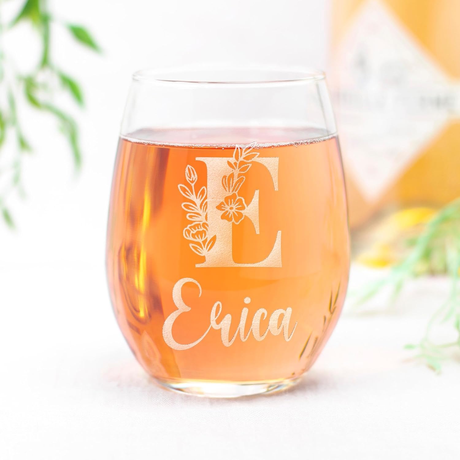 Floral Letter Stemless Wine Glass, Personalized Gifts for Her, Bridesmaid, Teacher, or Mother's Day - 1 Pack - Image 2