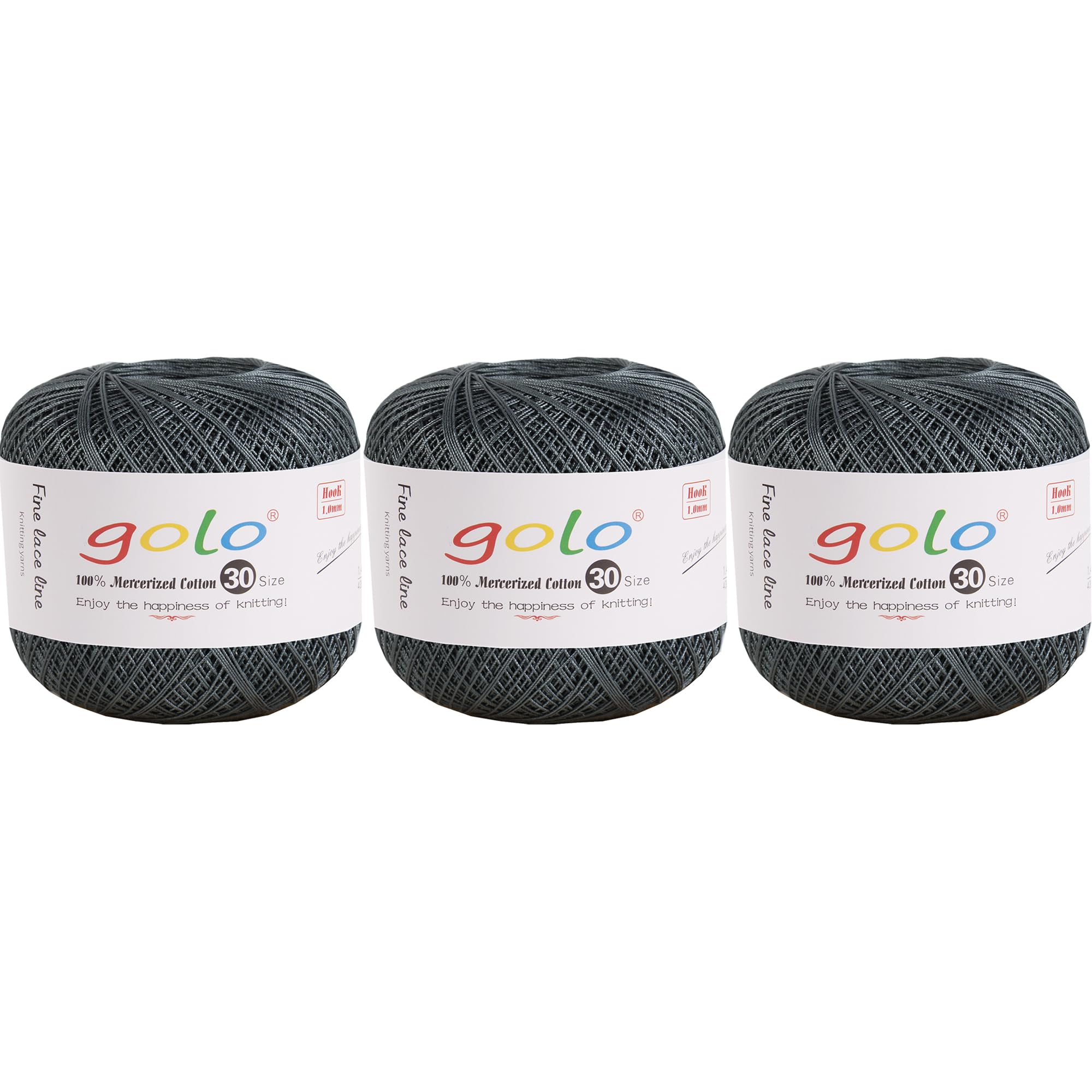 golo 3 Balls Crochet Thread Size 30 Yarn for Hand Knitting, 000-196 Gray