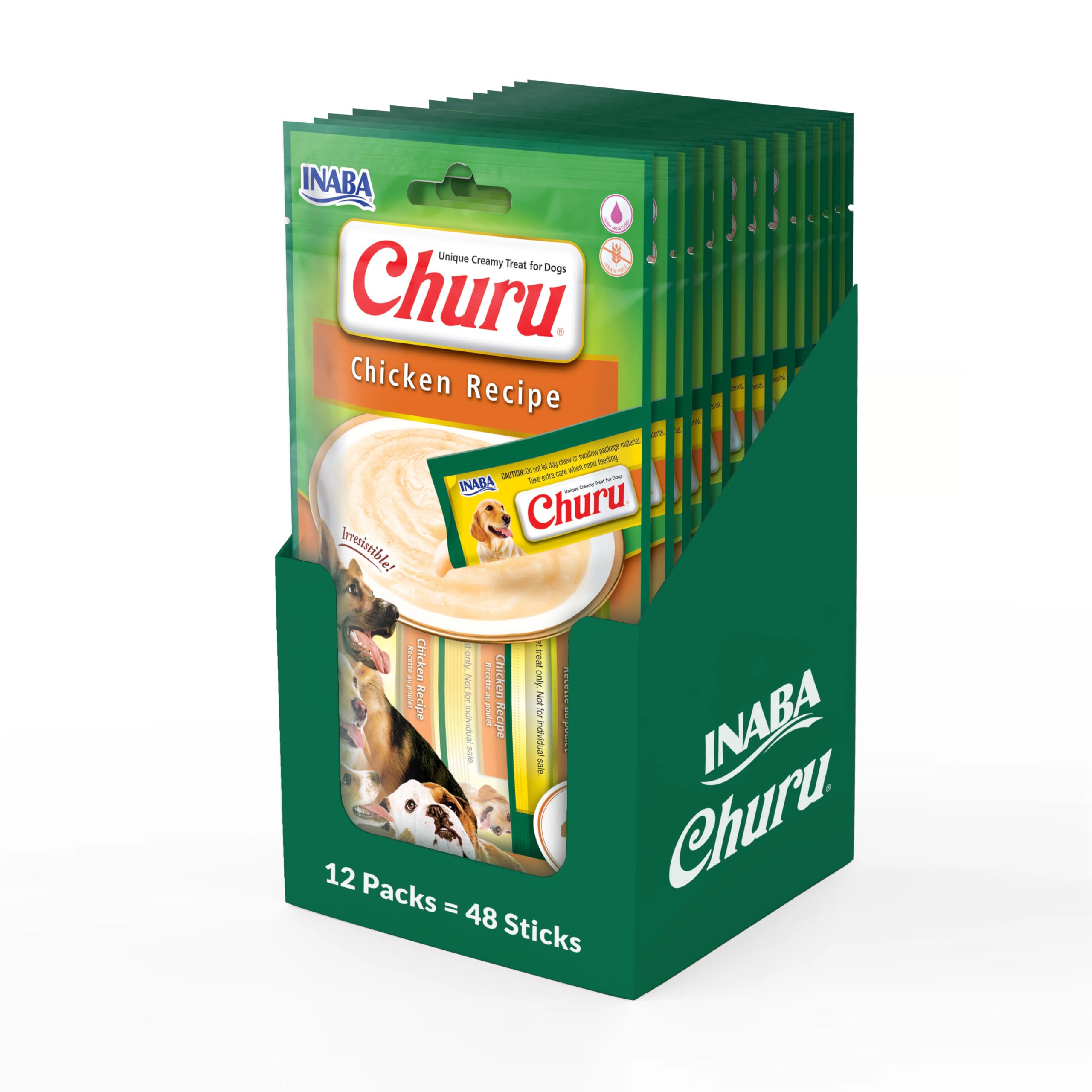 Churu Sticks by INABA Dog Treat - Chicken Flavour 12 Pack (48 x 14g total) / Soft & Creamy Dog Treat, Delicious & Healthy Snack for Dogs, Food Topper, Pill Assist, Training Treat, Natural, Grain Free