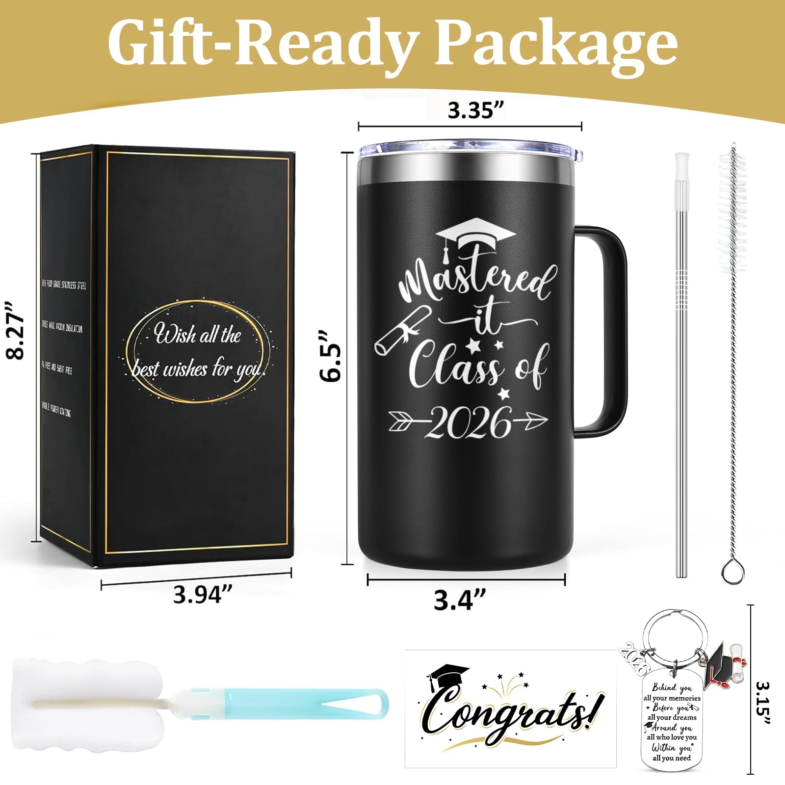 Lifecapido Masters Degree Graduation Gifts, Mastered It Class of 2026 20oz Insulated Coffee Mug with Keychain and Graduation Card, 2026 Graduation Gifts for Graduates, Black