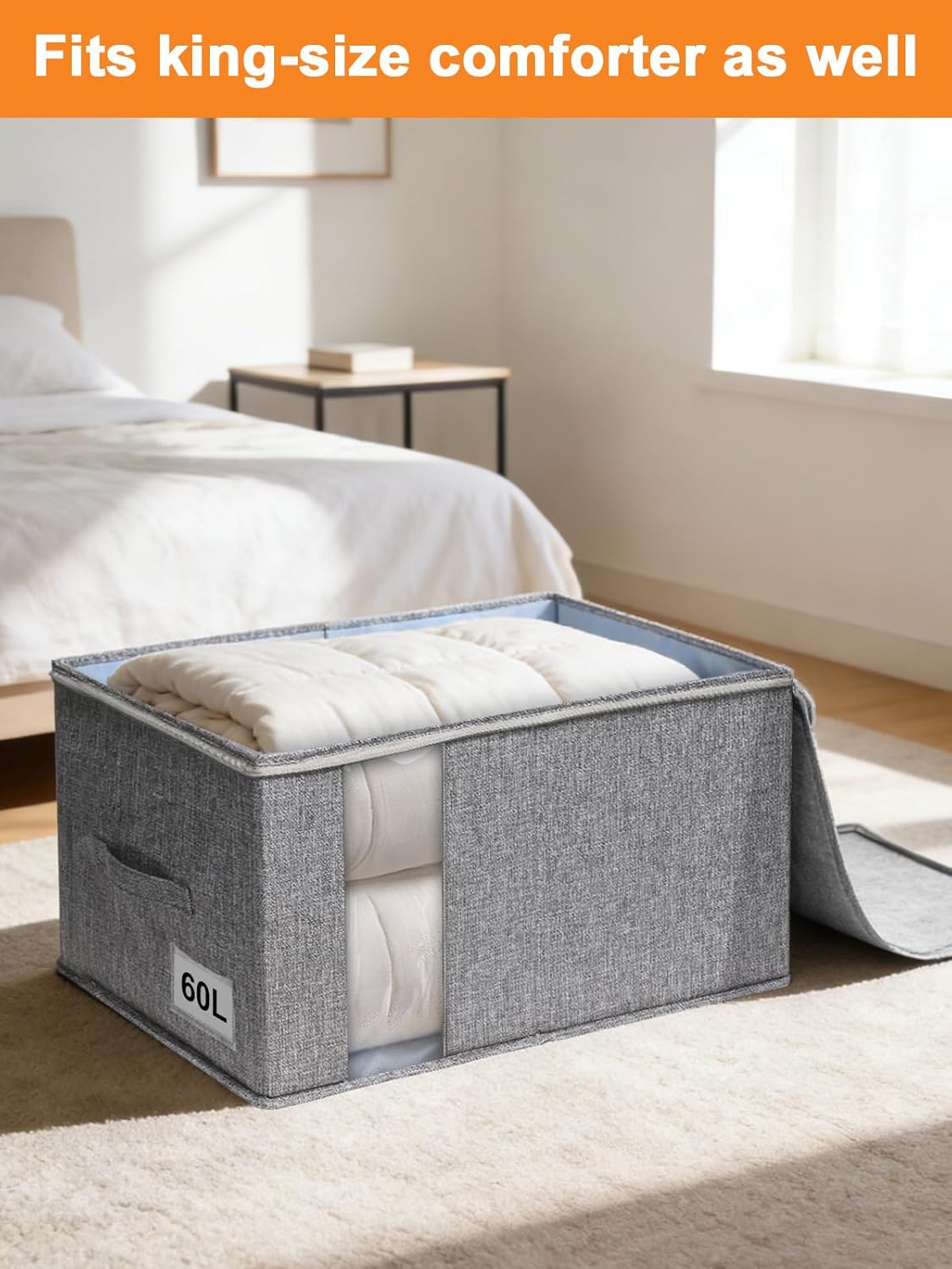 Punemi Large Clothes Storage Bags, 2 Pack Comforter Storage Bag with Sturdy Structure/Zipper for King/Queen Comforters Quilt Duvet Pillows Blankets, Closet Organizers, 21.7x14.2x11.8in - Image 7