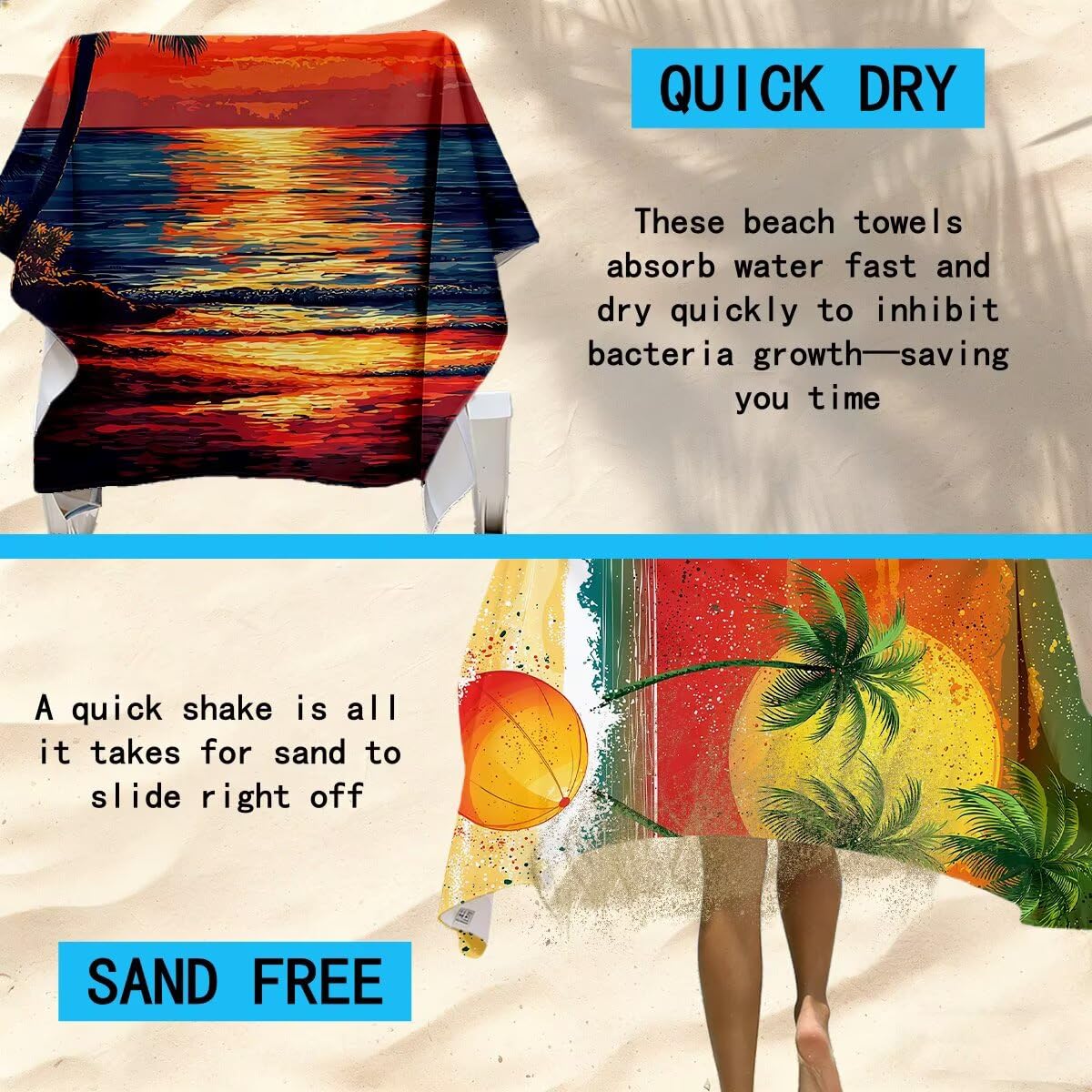 Ręcznik plażowy XXL, 100 x 200 cm, zestaw 2 szt., ręcznik do sauny, ręcznik z mikrofibry, szybkoschnący, sportowy ręcznik do studia fitness, lekki ręcznik kąpielowy, duży, bez piasku, ręcznik plażowy