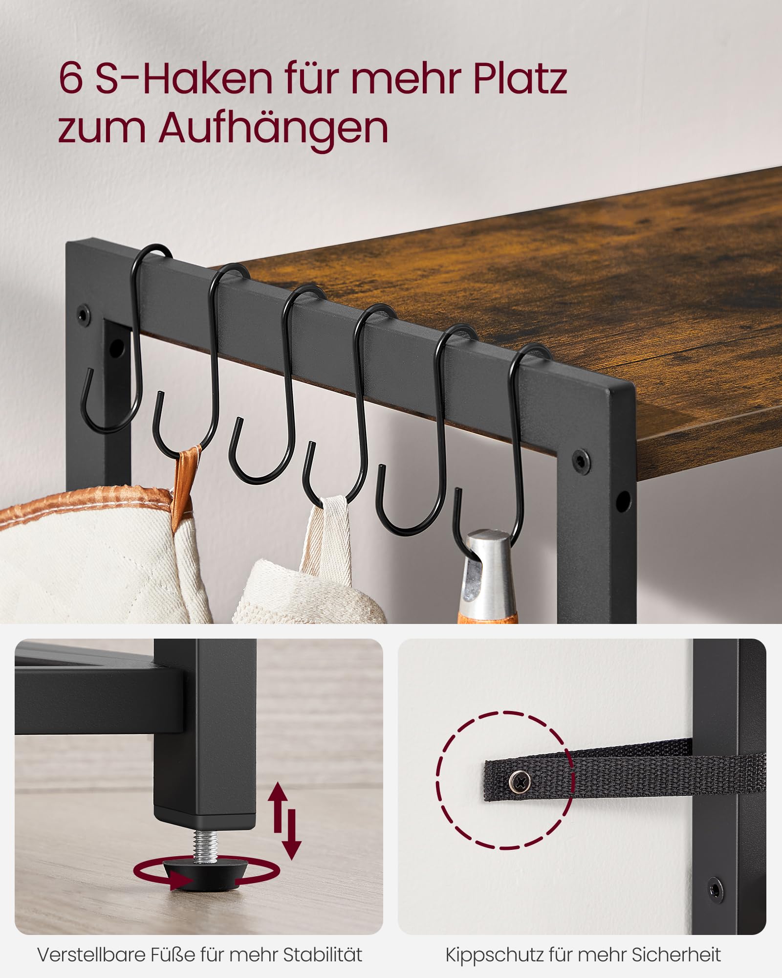 VASAGLE Küchenregal mit Steckdosen, Standregal mit 2 Metallkörben, Bäckerregal mit Haken, Regalablagen, 35 x 80 x 93,5 cm, Industrie-Design, vintagebraun-tintenschwarz KKS196K01