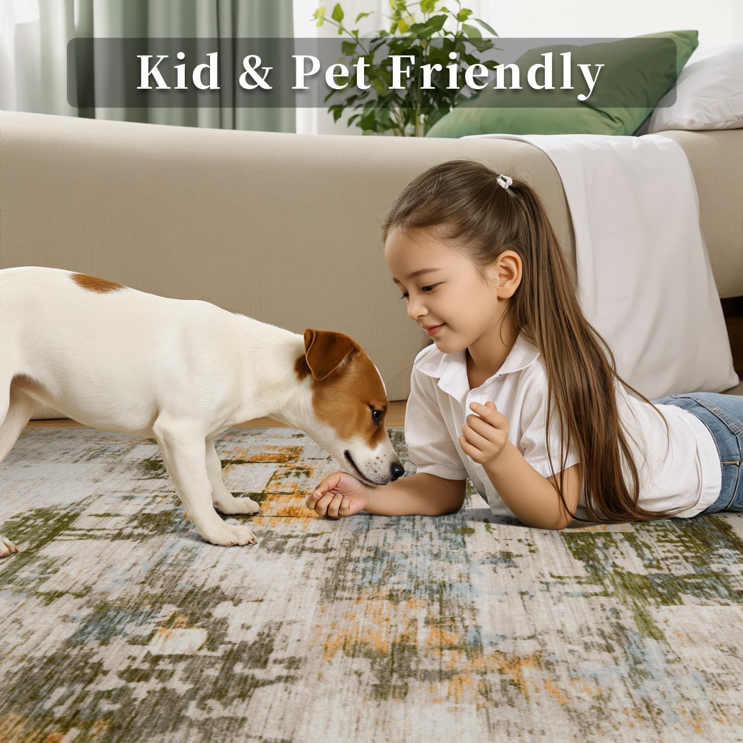 Ciicool Modern Abstract Rug for Living Room, 5'x7' Machine Washable Soft Area Rug Non-Slip Rug, Low-Pile Contemporary Indoor Dining Floor Carpet for Bedroom Office Under Table Home Decor Beige Green