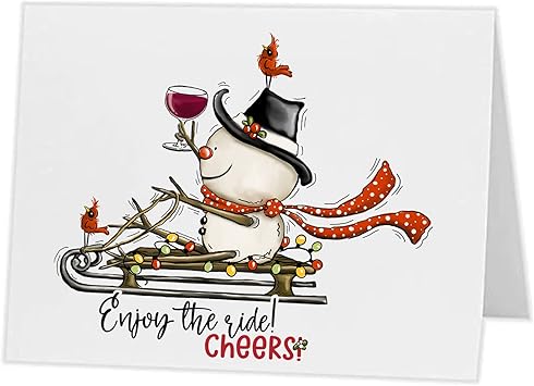 Christmas Cards - Adorable Snowman Enjoy The Ride - Customizable Personalized single and 12 packs
