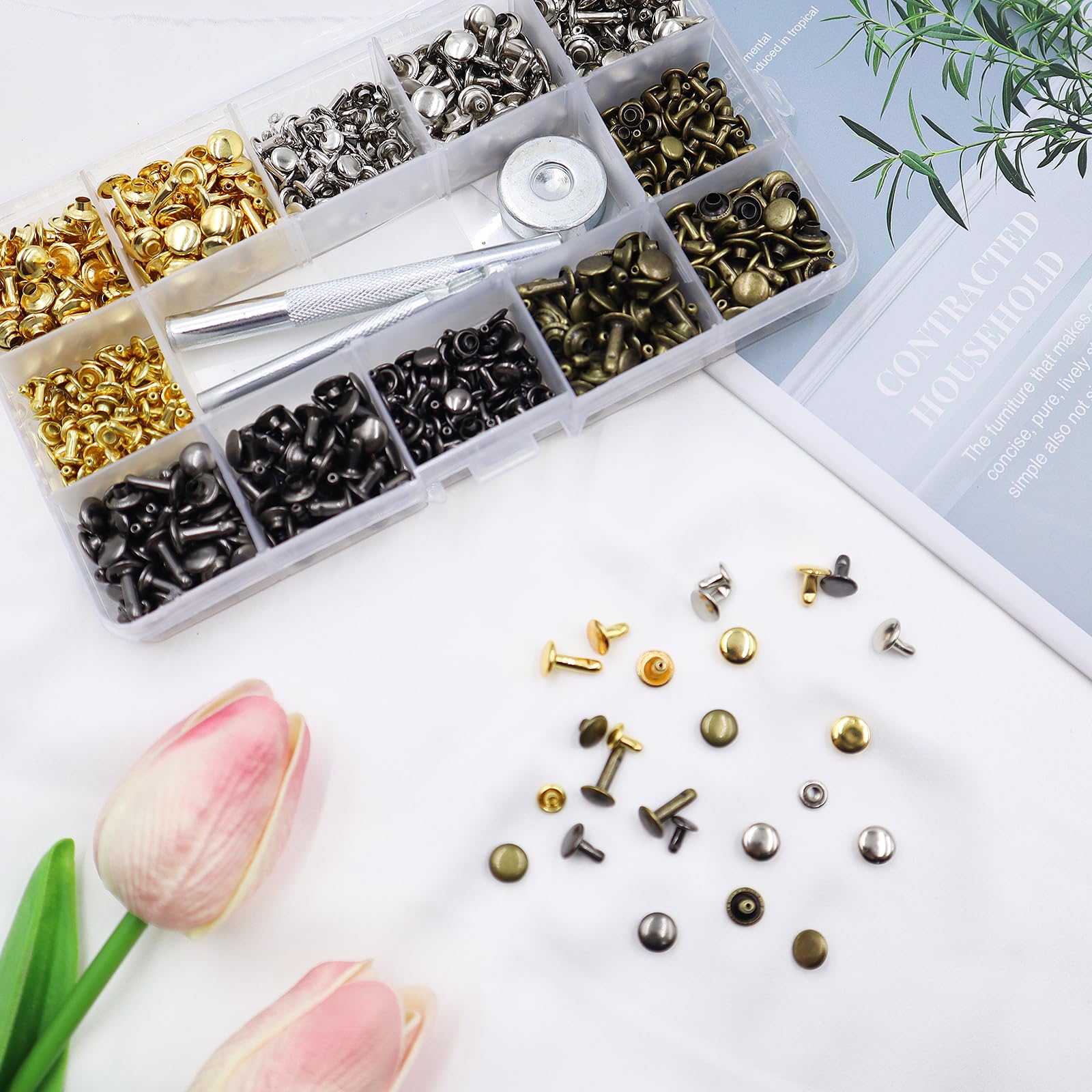 Kit Rivetti Per Cuoio 180 Pezzi | Con Pinza E Attrezzi | Borchie In Metallo Per Fai-da-Te E Pelletteria - Foto 4