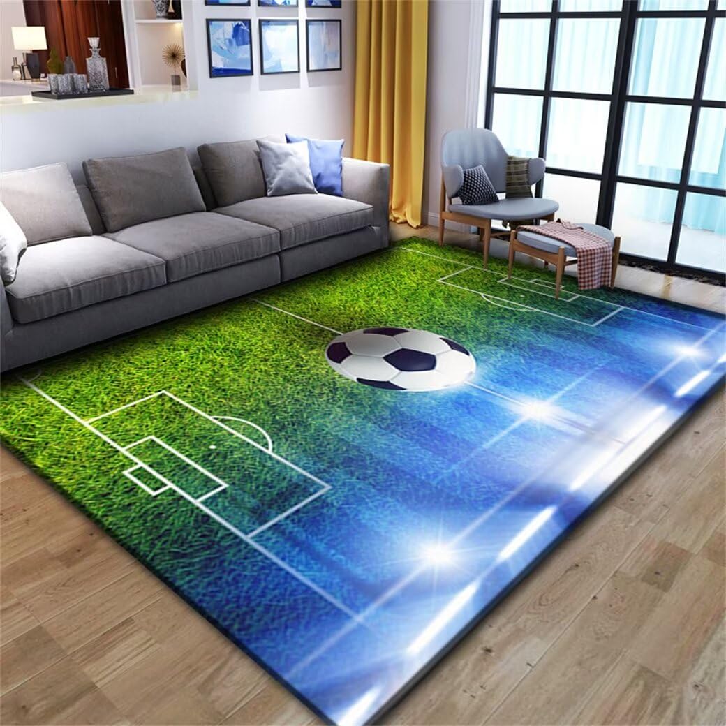 Tapis grande taille 200x300cm bleu motif football lavable pour chambre enfant