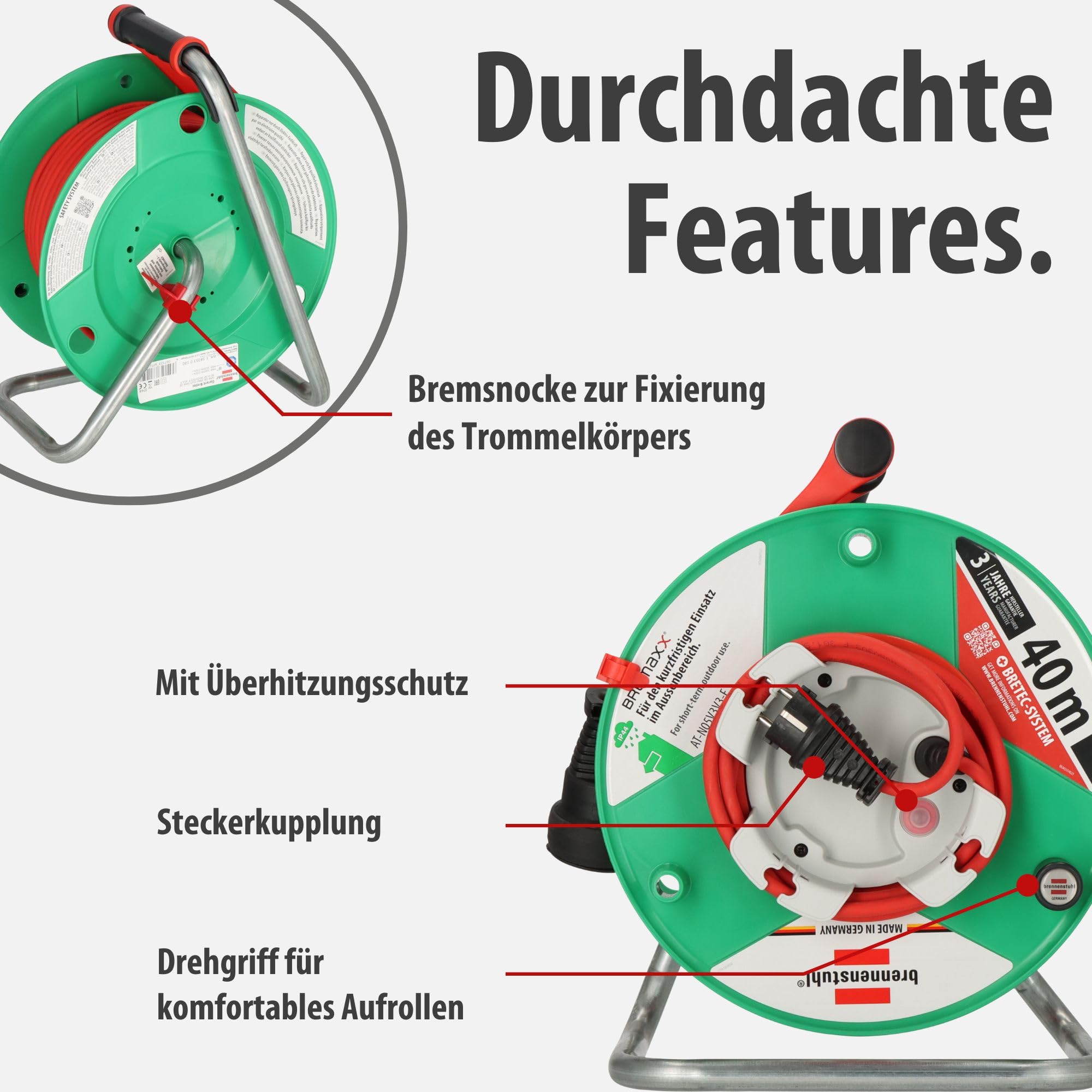 Brennenstuhl Garant G Bretec IP44 Gartenkabeltrommel (Kabeltrommel für Rasenmäher mit 38+2m Kabel in rot, Spezialkunststoff, kurzfristiger Einsatz im Außenbereich, Made in Germany)