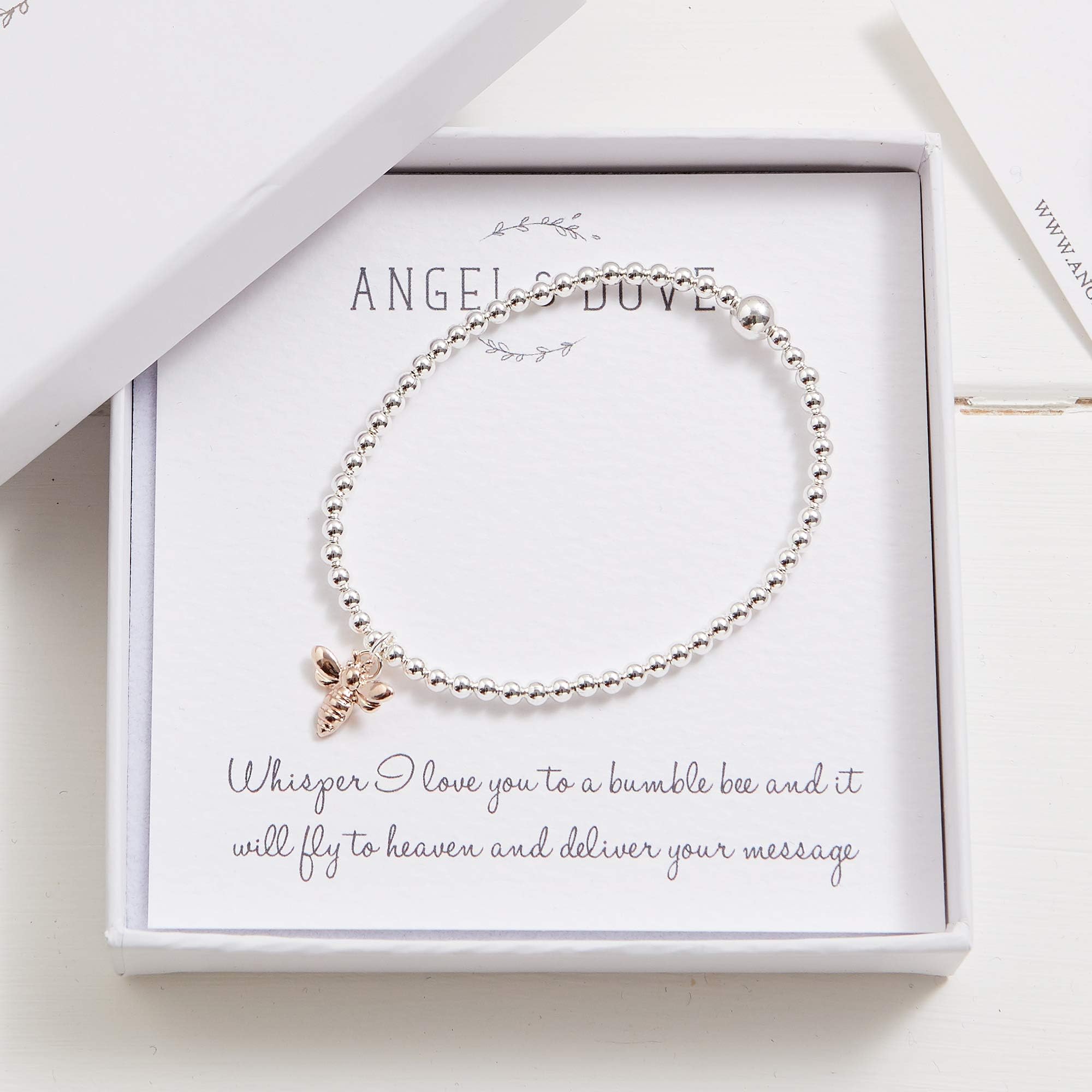 Angel & Dove"Whisper I Love You to a Bumble bee." Silver & Rose Gold Bee Beaded Bracelet in Gift Box with Bag & Card