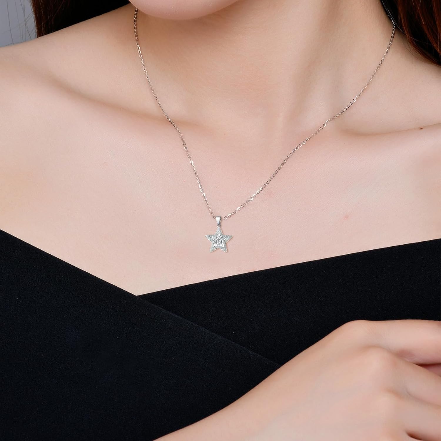 Star Pendant Necklace for Teens Women - Sterling Silver Hypoallergenic Cubic Zirconia Adjustable Star-Shaped Charm Necklace Gifts for Family Sister - Image 3