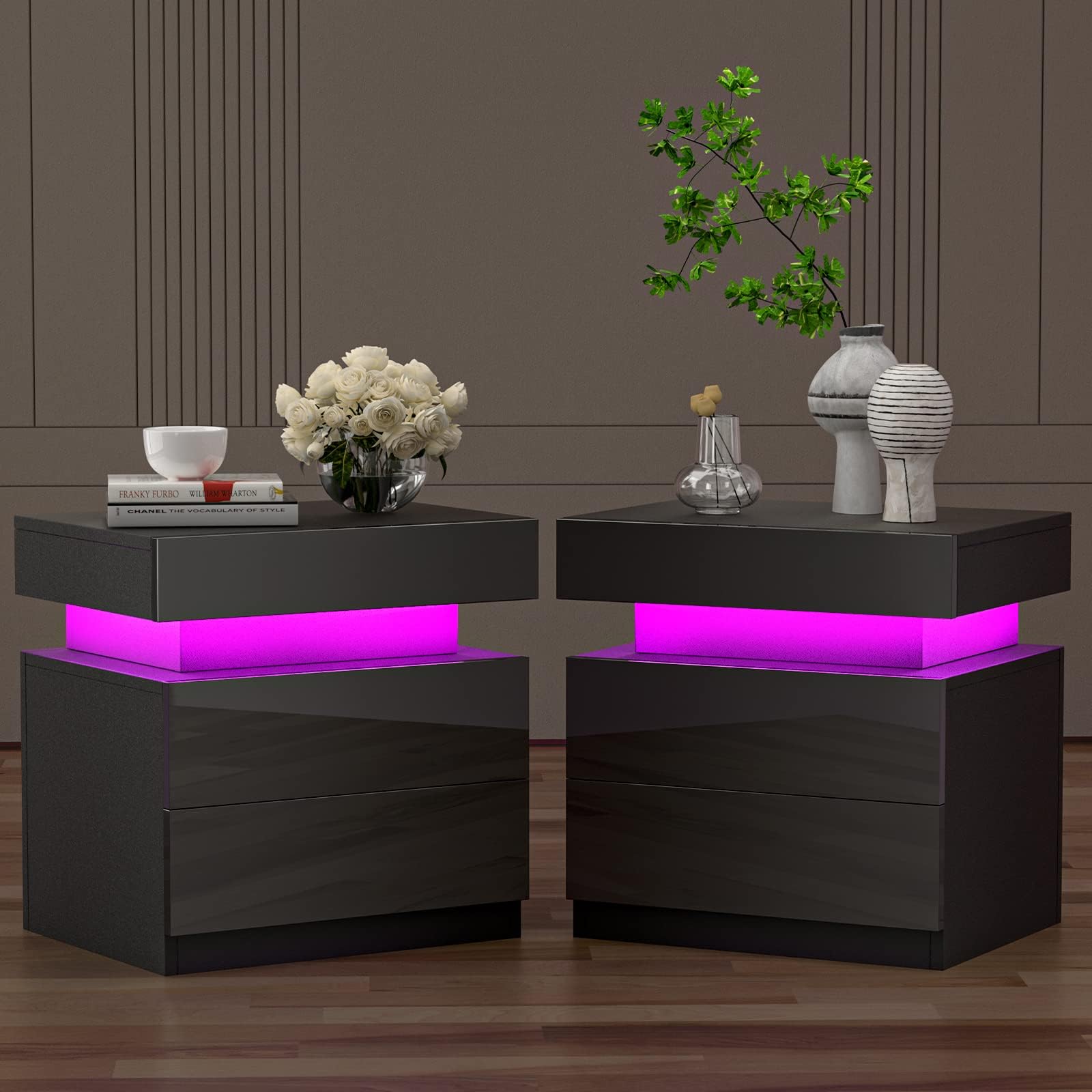 YILQQPER Nightstand Set of 2 with LED, End Tables with 2 Drawers and I Flapping Top Box, Night Stand for Bedroom, Living Room, Modern Tall Bedside Table with High Gloss Panel (Gloosy Black)