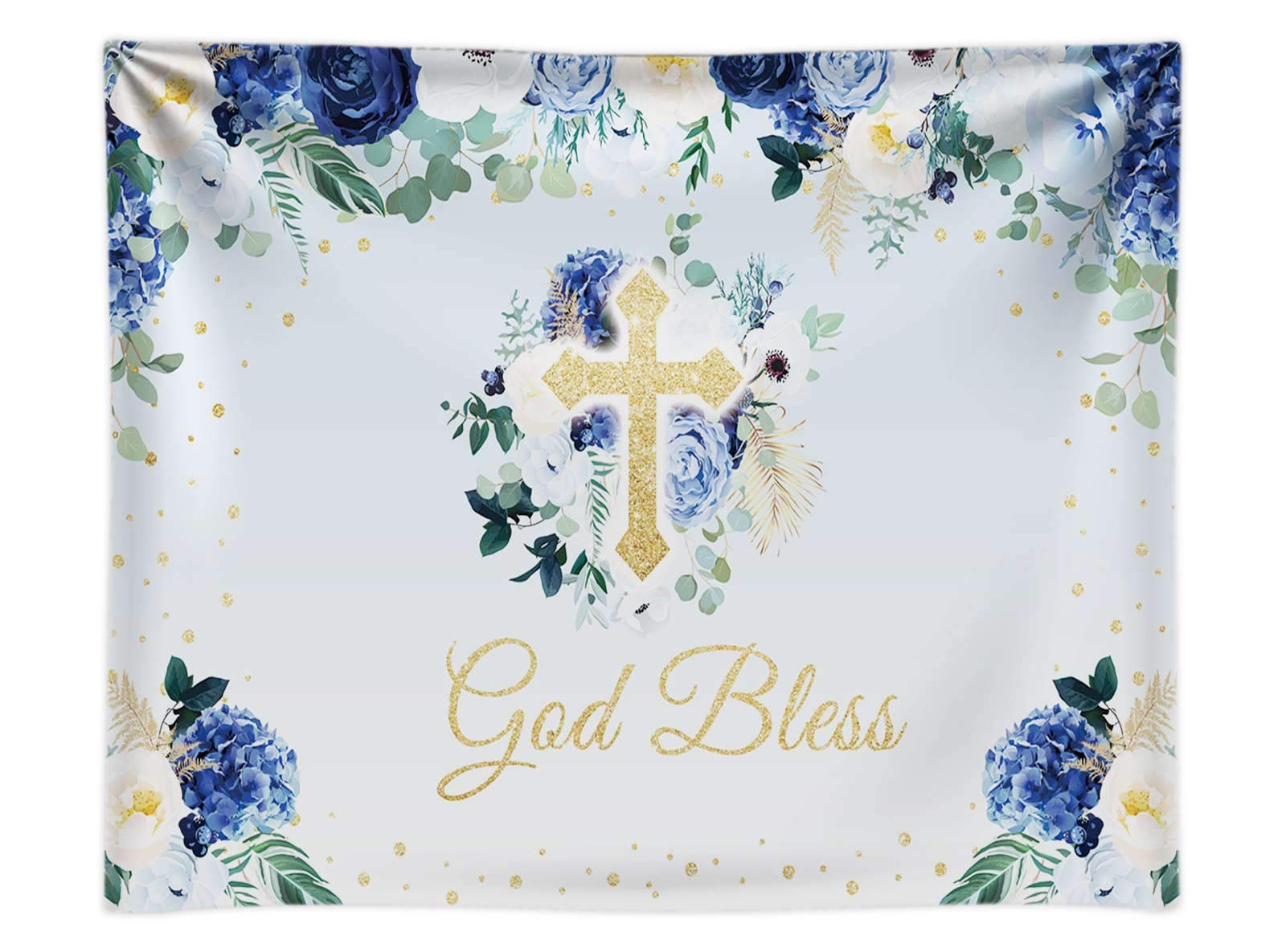 Funnytree Fabric 8x6FT God Bless Backdrop Baptism Party First Holy Communion Christening Banner Decor Blue Flower Boy Baby Shower Background Favors Gifts Supplies Photo Booth Props