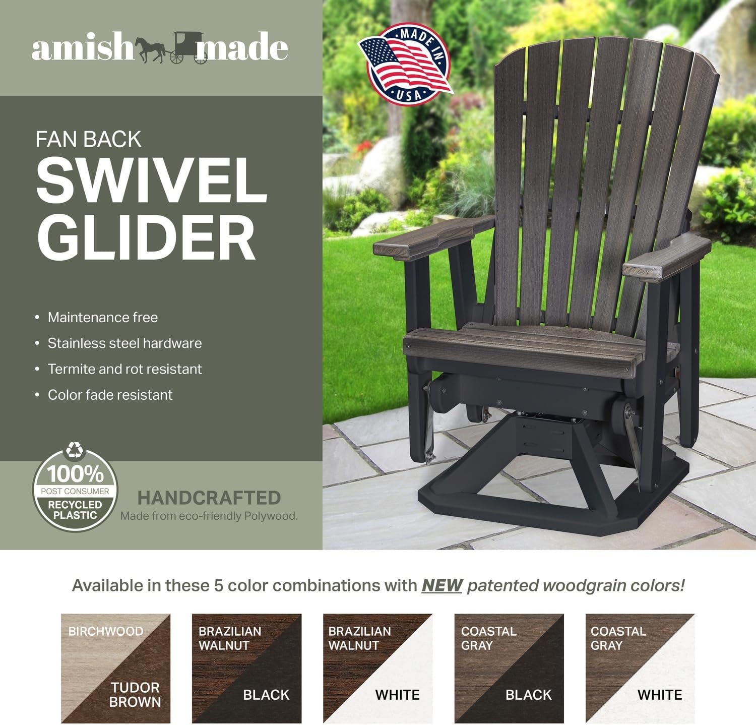 American Furniture Classics Fan Back Swivel Glider - Coastal Gray Outdoor Patio Seating White