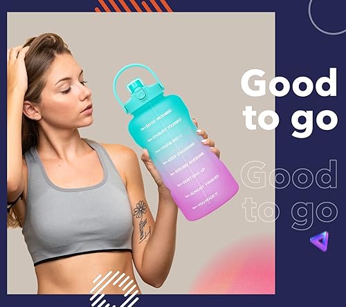 Miniatura 7 de Botella de agua de un galón con popote, 128onzas (3.8L), libre de BPA - Innovadora botella deportiva con tapa 2en 1con recordatorios motivacionales