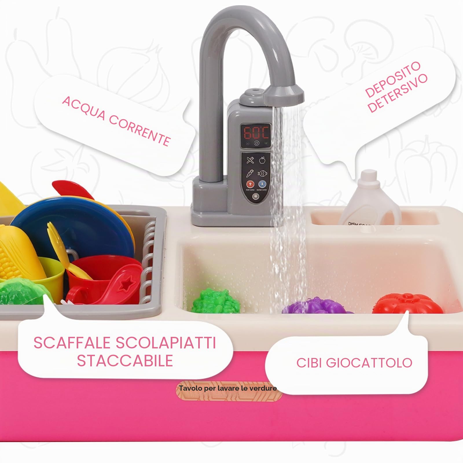 Lavello da gioco per bambini, set di giocattoli con circuito dell'acqua, rubinetto elettrico, lavandino gioco di ruolo per bambini, accessori da cucina, gioco di ruolo per bambini 3+