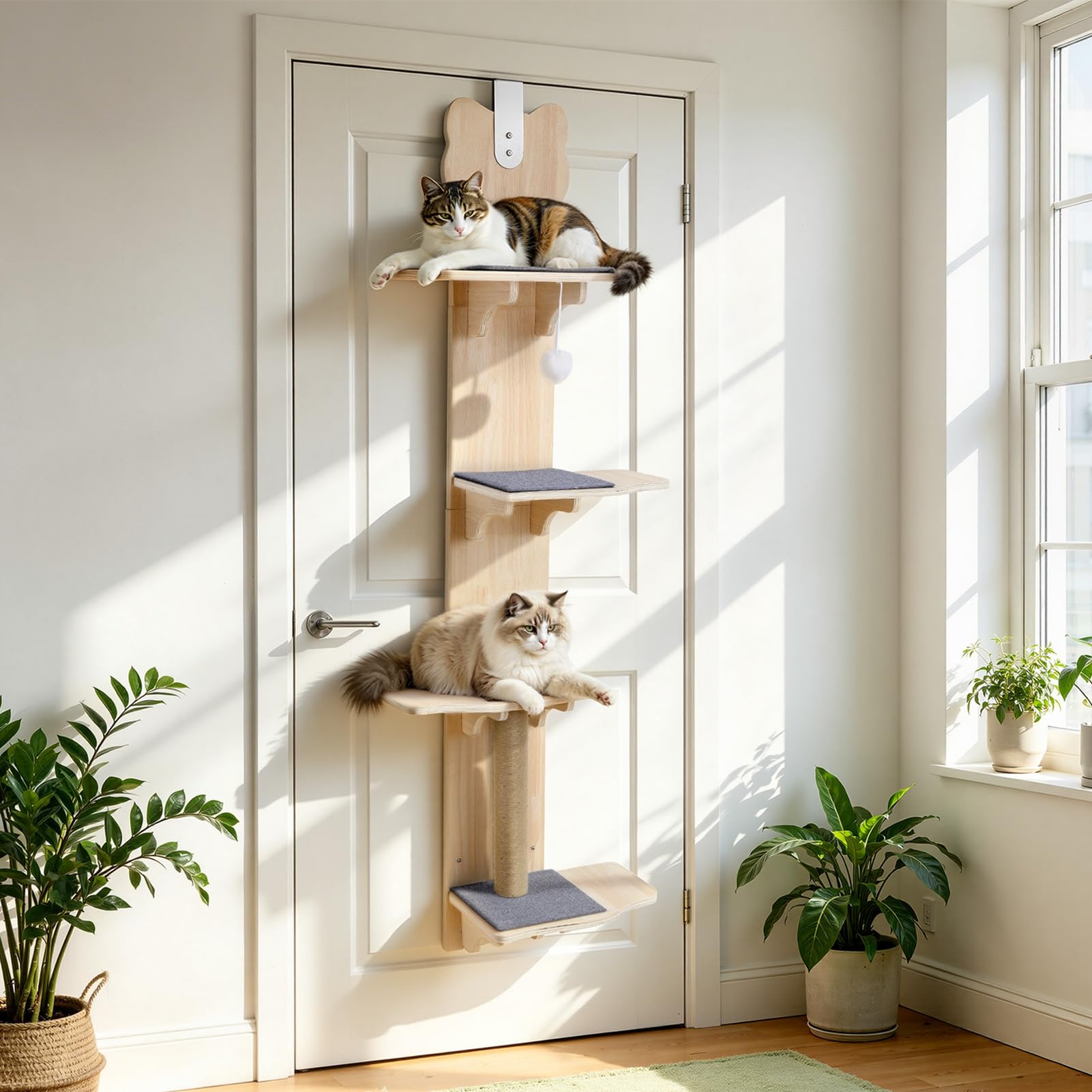 Over Door Cat Tree, 4-Level Door Hanging Shelf and Indoor Climber with Scratching Post, Rest Pads and Toy Ball, No-Drill Space-Saving Vertical Pet Tower for Small Homes and Flats