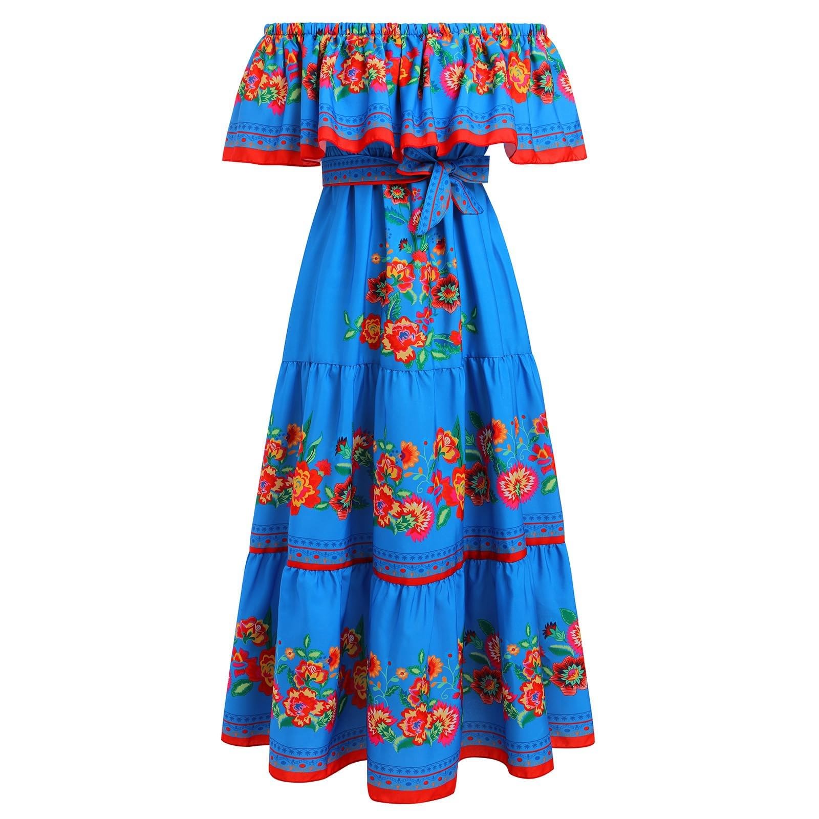 Robe Longue Femme | Mexicaine Traditionnelle | Épaules Dénudées | Jupe Ample | Imprimé Floral Rouge | Bohème Chic Été