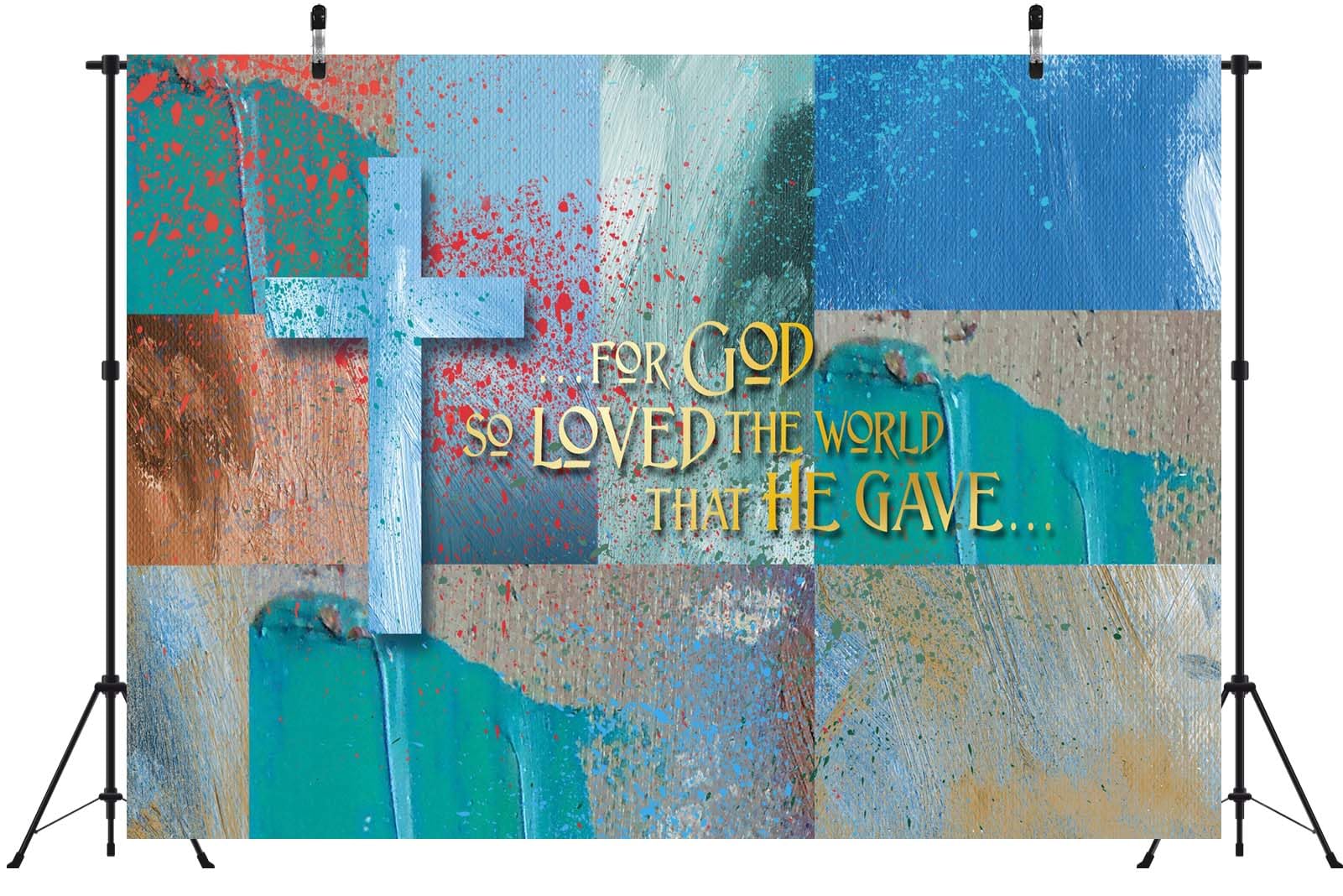 BELECO 3.6x3m Sfondo in tessuto Croce cristiana | Croce versetto biblico Giovanni 3 16 schizzi sangue sfondo tema pasqua decorazione festa accessori studio foto