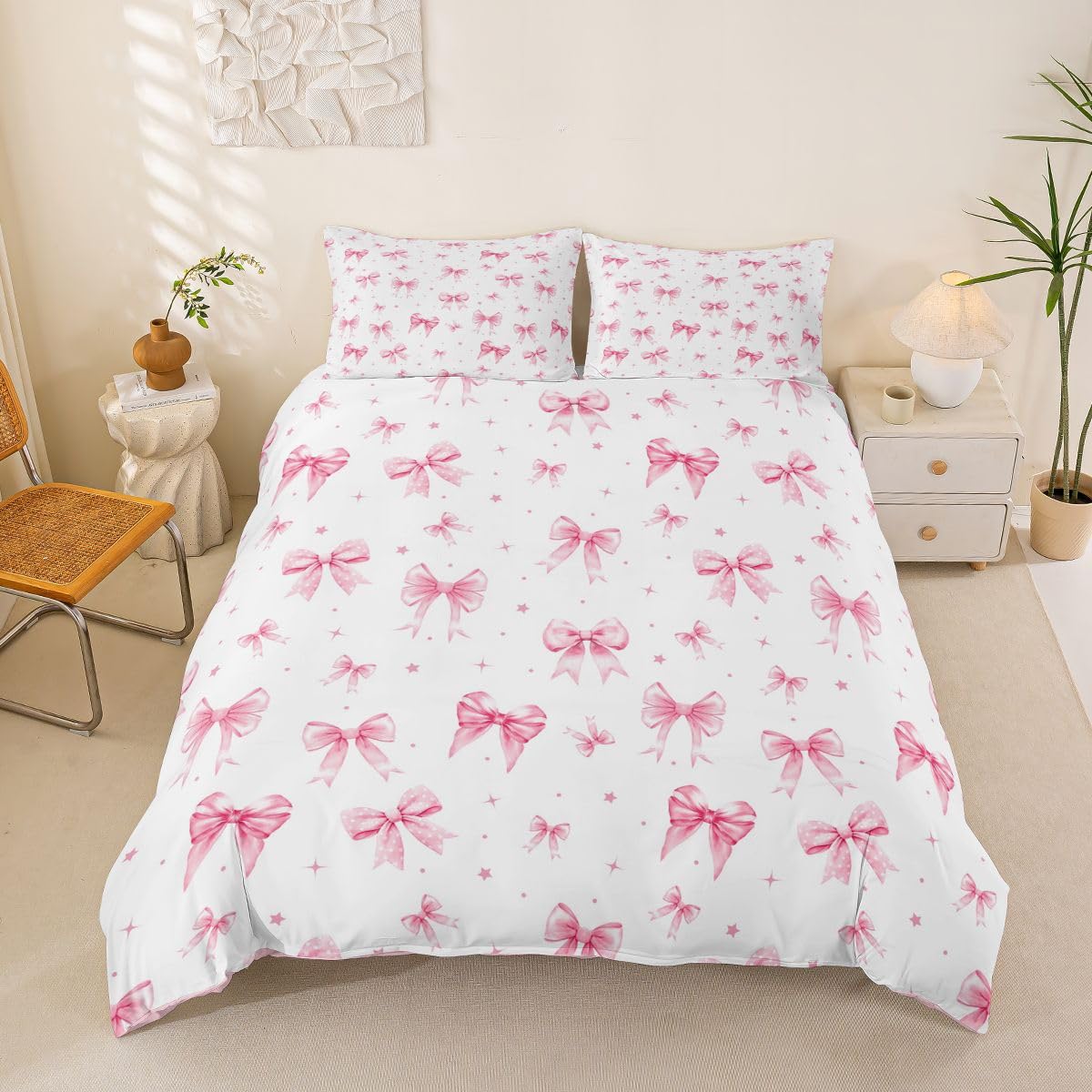 Homewish Rosa fiocco Super King Copripiumino carino fiocchi Set di biancheria da letto a quadretti fiocco trapunta bowknot stelle coquette Bed Sets