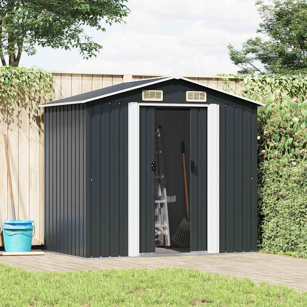 Gartenhaus aus Metall, Anthrazit, 204 x 132 x 186 cm, Gartenschuppen aus Stahl mit Doppelschiebetür, 4 Lüftungsöffnungen, Bodenrahmen, korrosionsbeständig und wetterfest