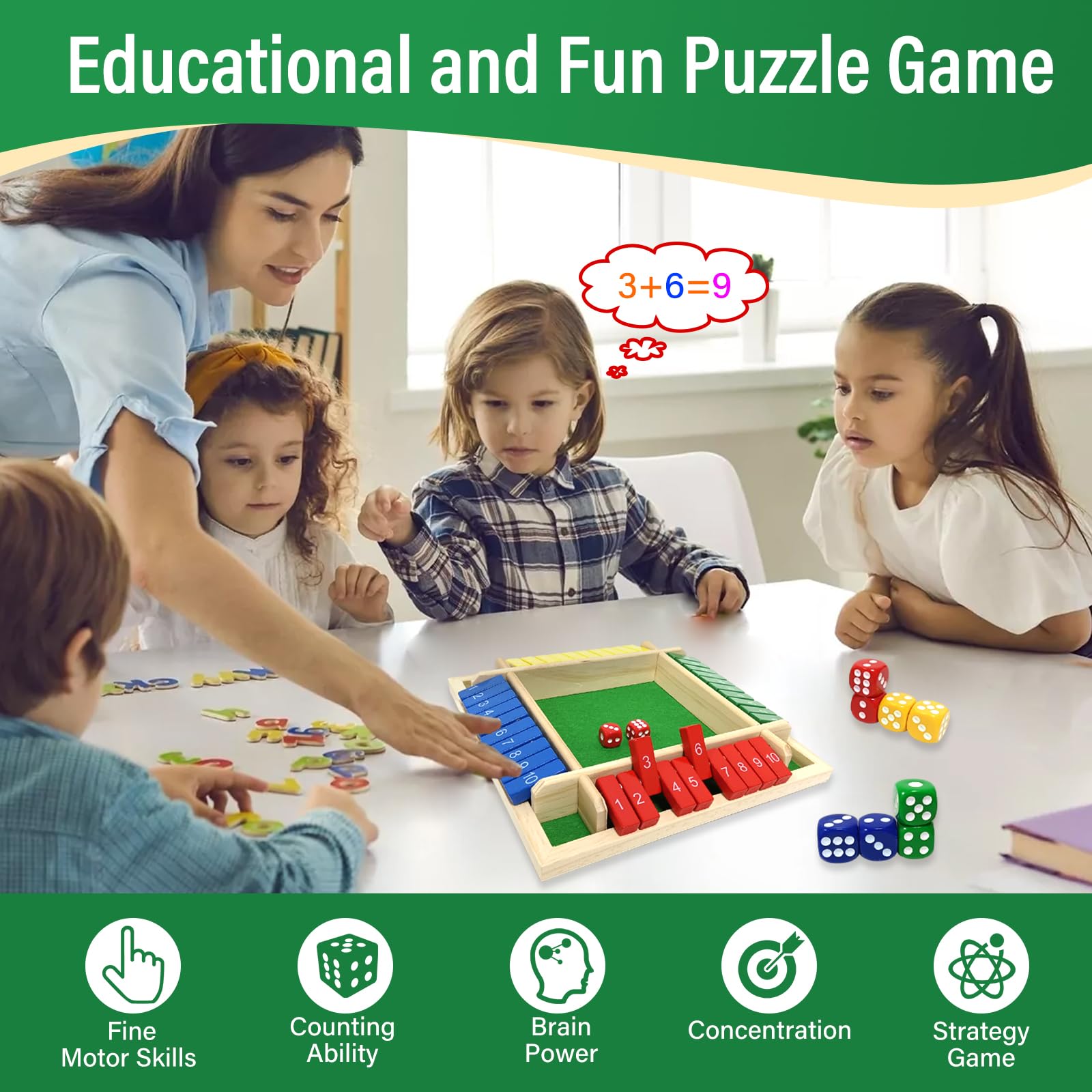 Shut the Box Classic Wooden Board Game with Dice 4 Player - Image 4