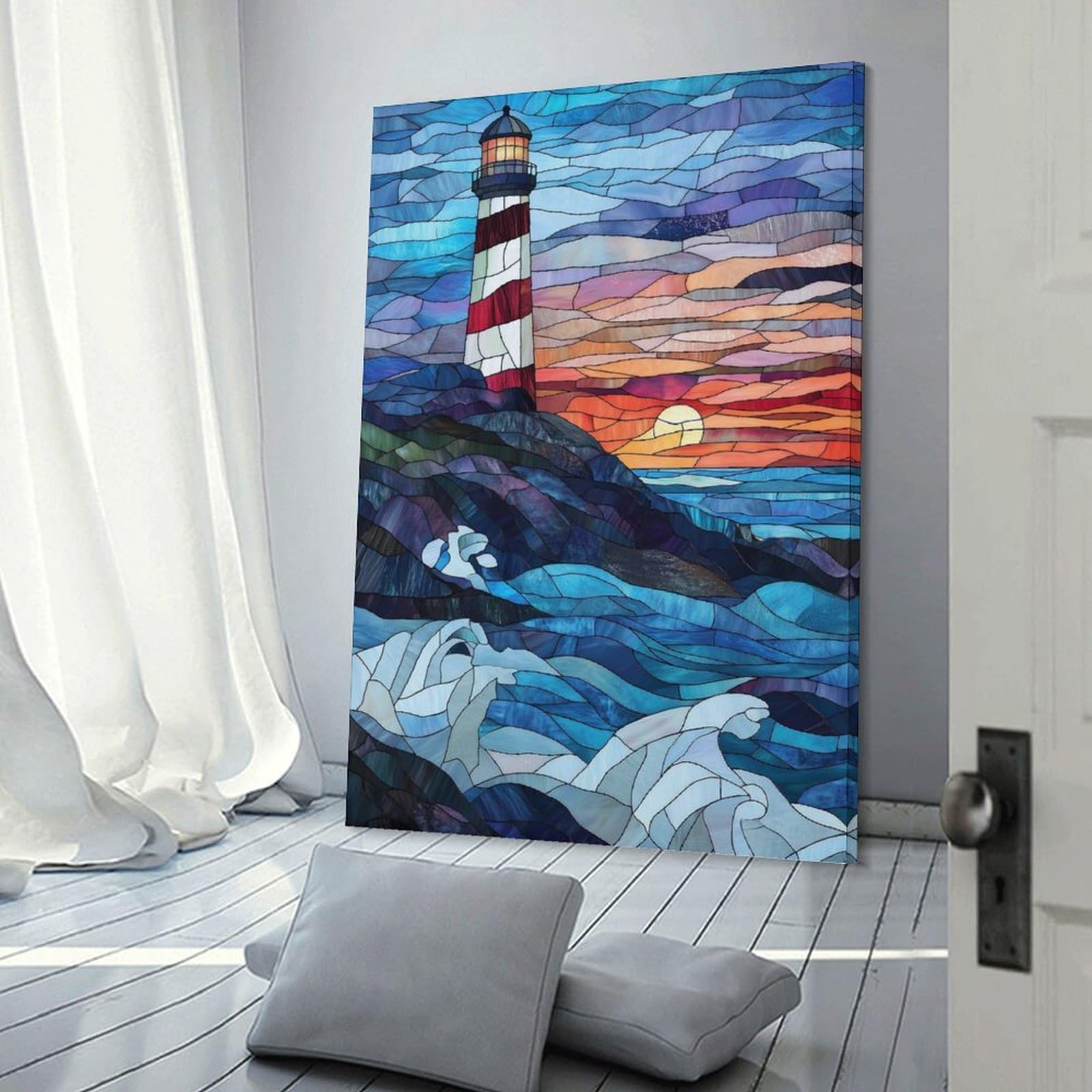 Junmoney Stained Glass Lighthouse Sunset Room Decor Wall Art 24x36inch(60x90cm), for Entrance Walls, Hall Decor Or Foyers, A Neat Decor Update for Hallways