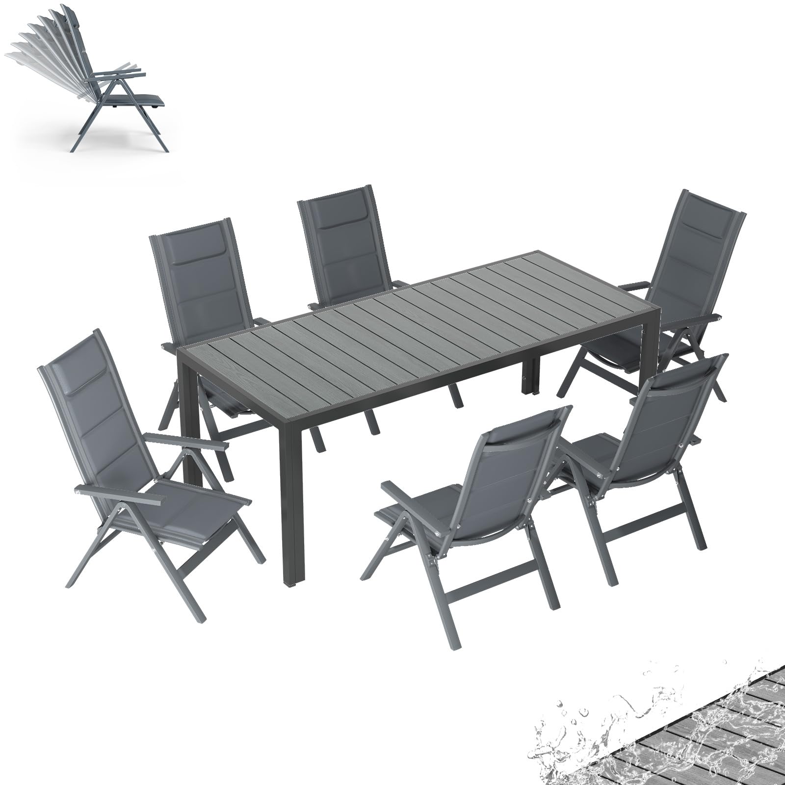 TRIUMPHKEY Aluminium Gartenmöbel 6+1, Gartenmöbel Set mit 1 189 cm PS Gartentisch und 6 klappstuhl, mit Verstellbarer Rückenlehne, Wetterfeste Terrassenmöbel, für Garten Terrasse Balkon, Dunkelgrau
