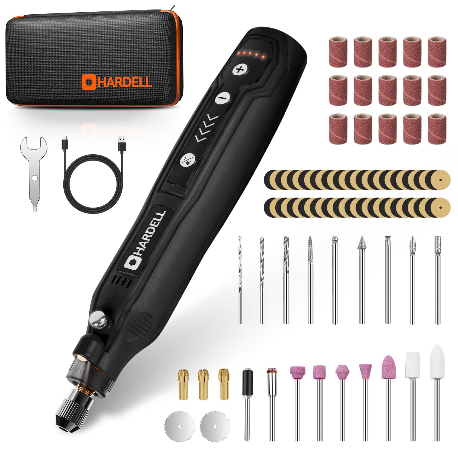 HARDELL Mini kit de herramientas giratorias inalámbricas, 5 velocidades y carga USB con 69 accesorios, herramienta giratoria multiusos de 3.7 V para lijar, pulir, taladrar, grabar, manualidades (negro