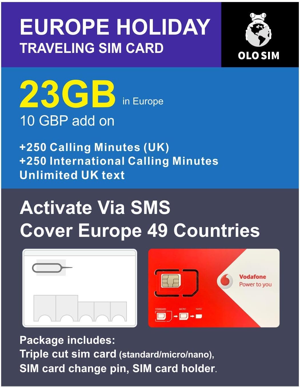 OLOSim Europe Travel Sim Card 30 Days Prepaid 23GB Data and International Calling Minutes Included Sim Change Pin and Holder