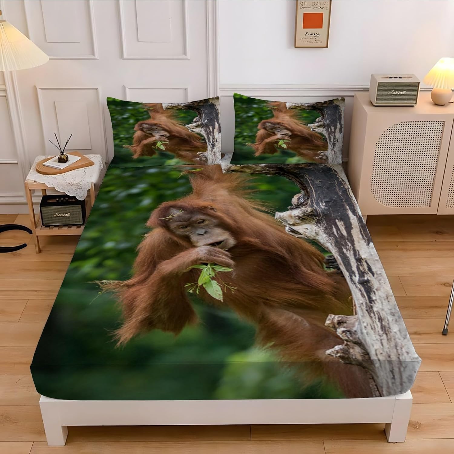 Orangutans King Size Fitted Sheets Zoo Bed Sheets 30 cm Deep Pocket
