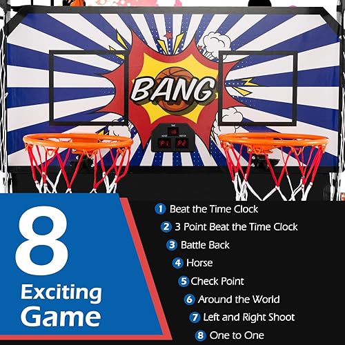 Vista 29 de Goplus Juego de arcada de baloncesto plegable de doble tiro, juego de aro de baloncesto con puntuación electrónica, 8 modos de juego, 4 bolas, Negro