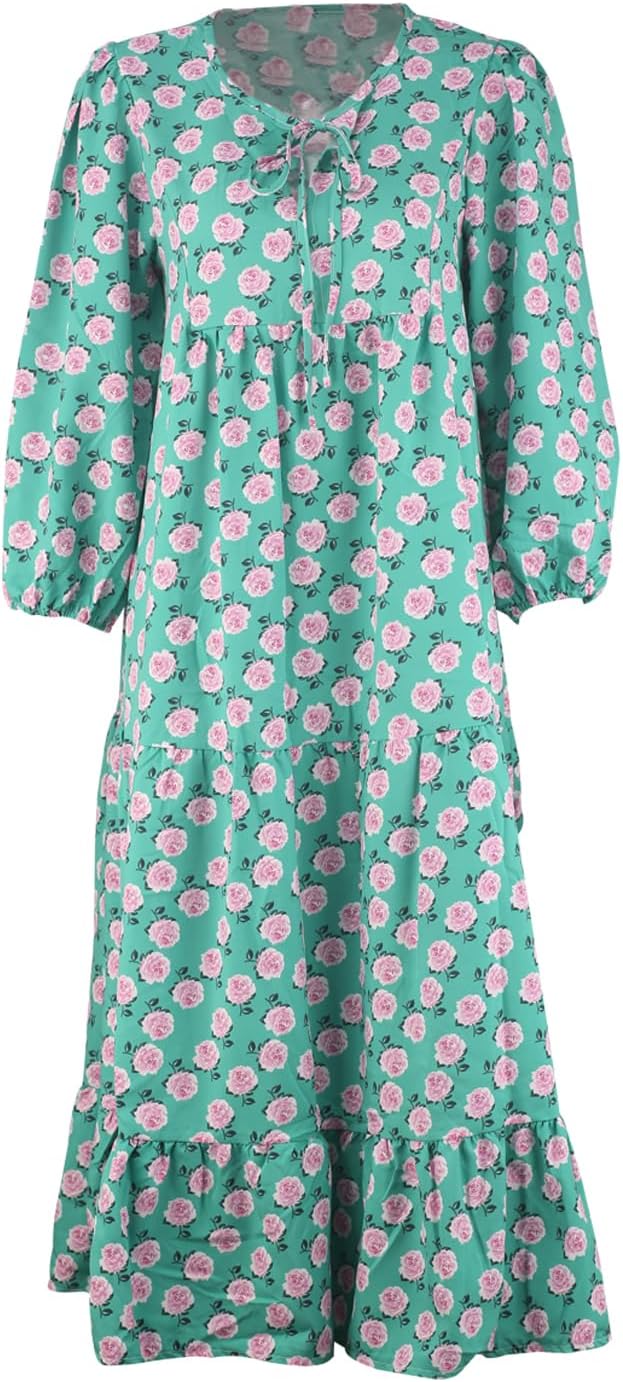 Womens Athletic Dresses V Neck Puff Sleeve Floral Flowy Swing Casual Green Flower