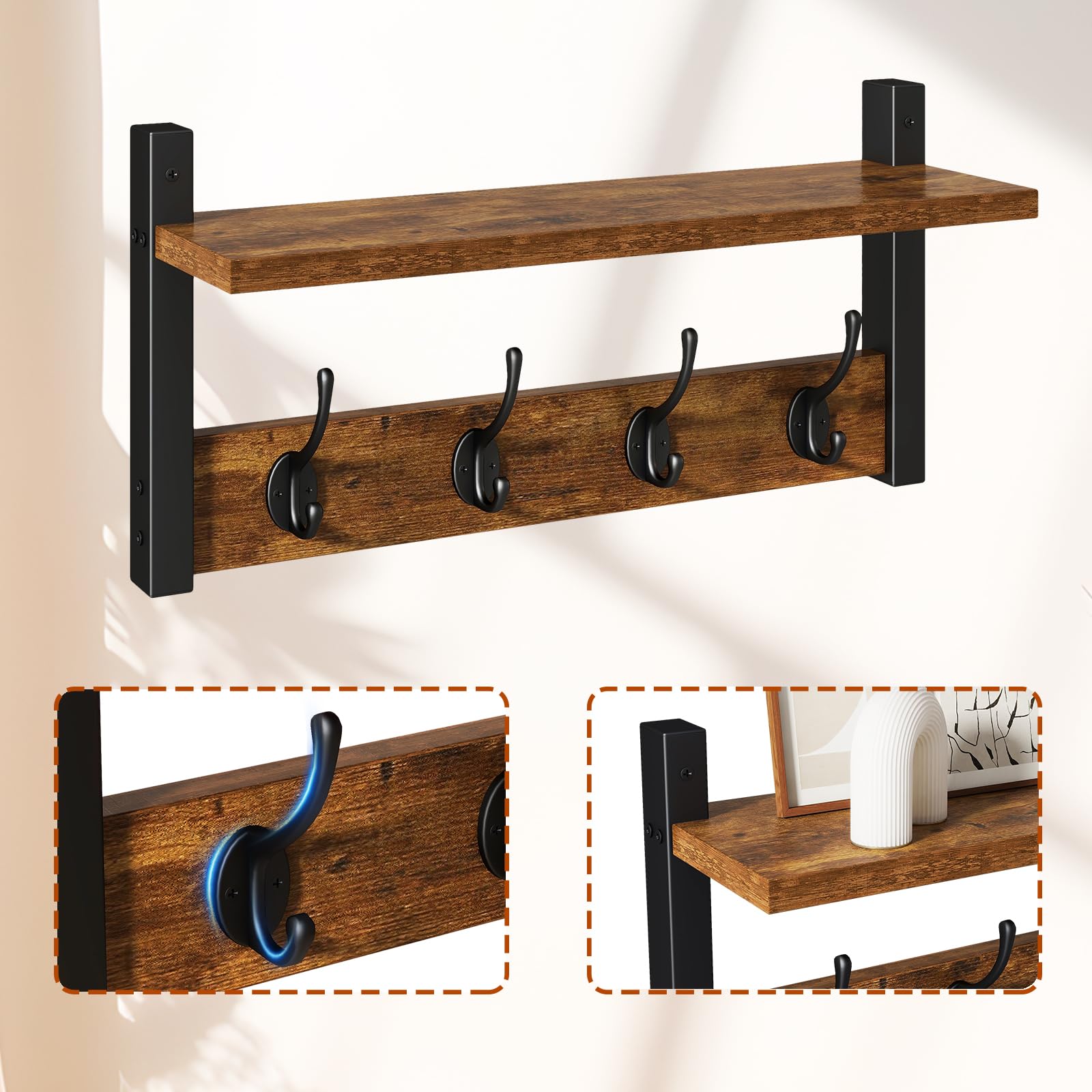 YMYNY Lot de 2 Patères Portemanteaux pour Entrée, Porte Manteau Mural, Meuble Entrée,Vestiaire Flottant, Étagère Suspendue, pour Chambre, Salle de Bain, Marron Rustique et Noir HWS001H-2