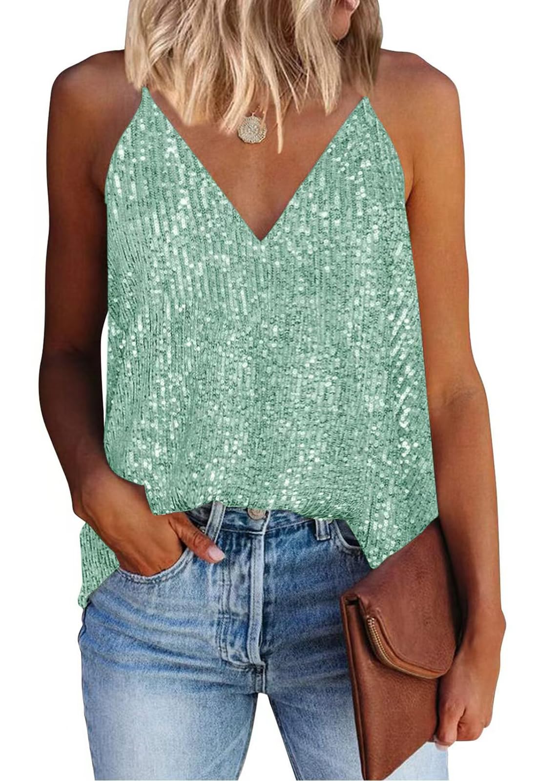 Vcindai Damen Pailletten Top Ärmellos Crop Tops Spaghettiträger Oberteil