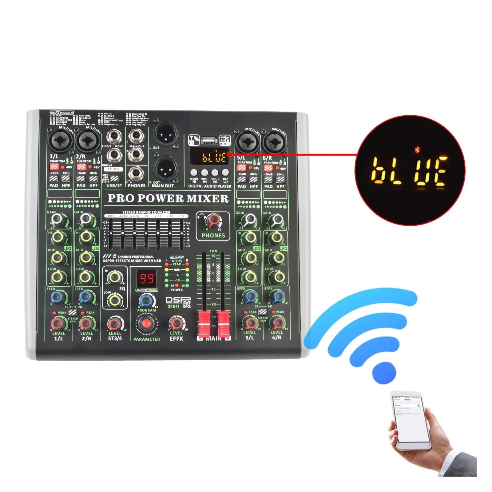 6-kanałowy Mikser Mocy, 99-efektowa Konsola Miksująca Ze Wzmacniaczem, Bluetooth, USB, Nagrywanie Dźwięku Na Komputerze, 2 * 100W, Stół Dźwiękowy