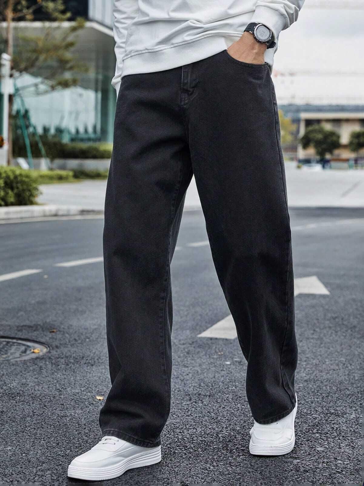 Mid Rise Denim Fabric Straight Fit Jeans for Men Black-image-20