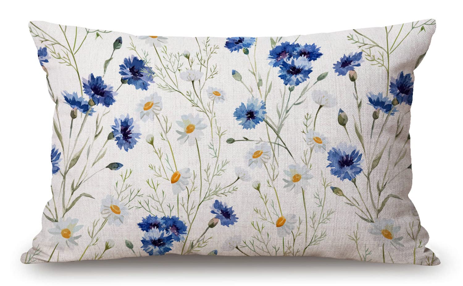 12x20 Inches Pillow Covers Rustic Farmhouse Decor Watercolor Flowers Pillowcases Cotton Linen Blue Cornflower White Daisy Throw Pillow Case Cushion Cover for Sofa Couch Bedroom