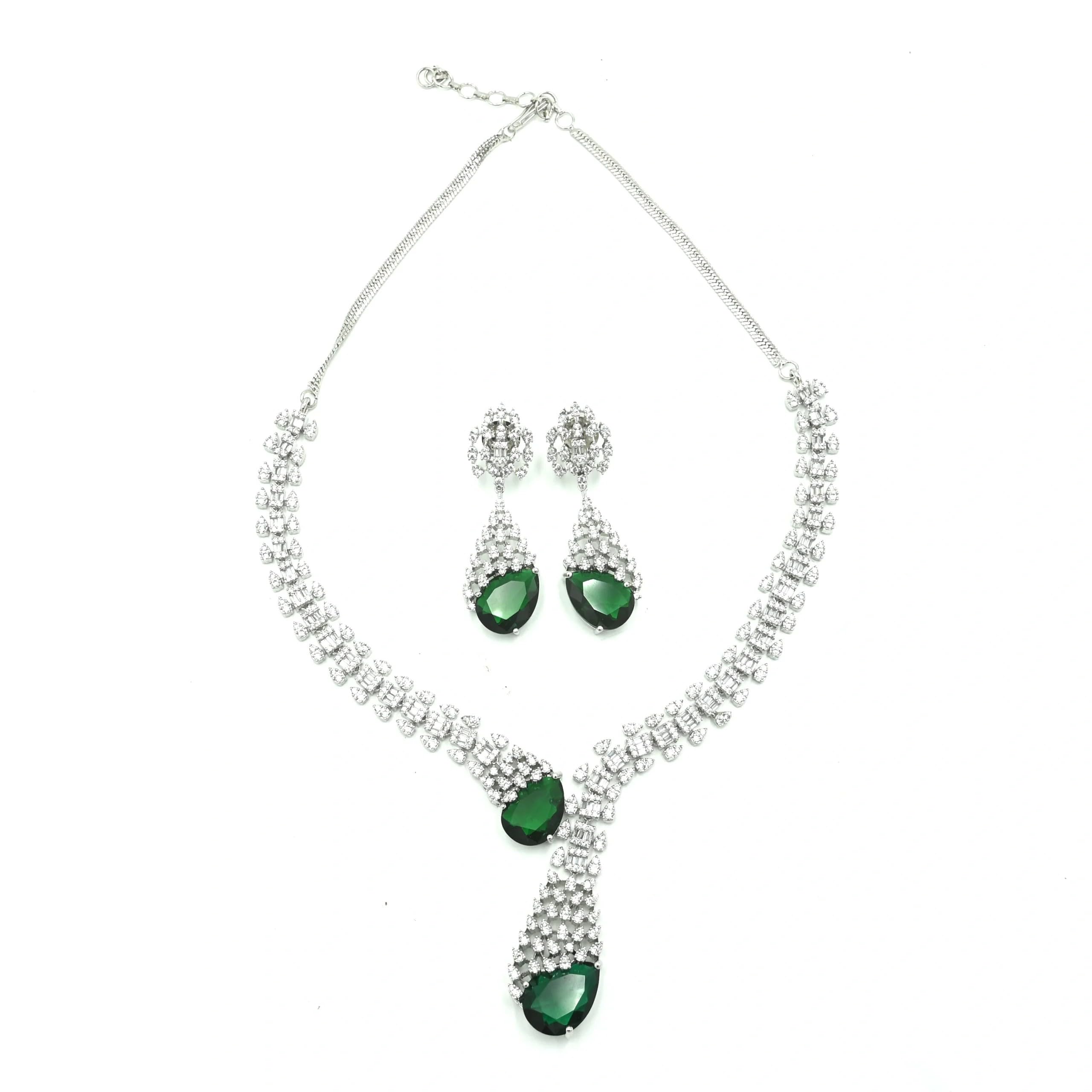 Green and white American Diamond Necklace Set for Women-image-10