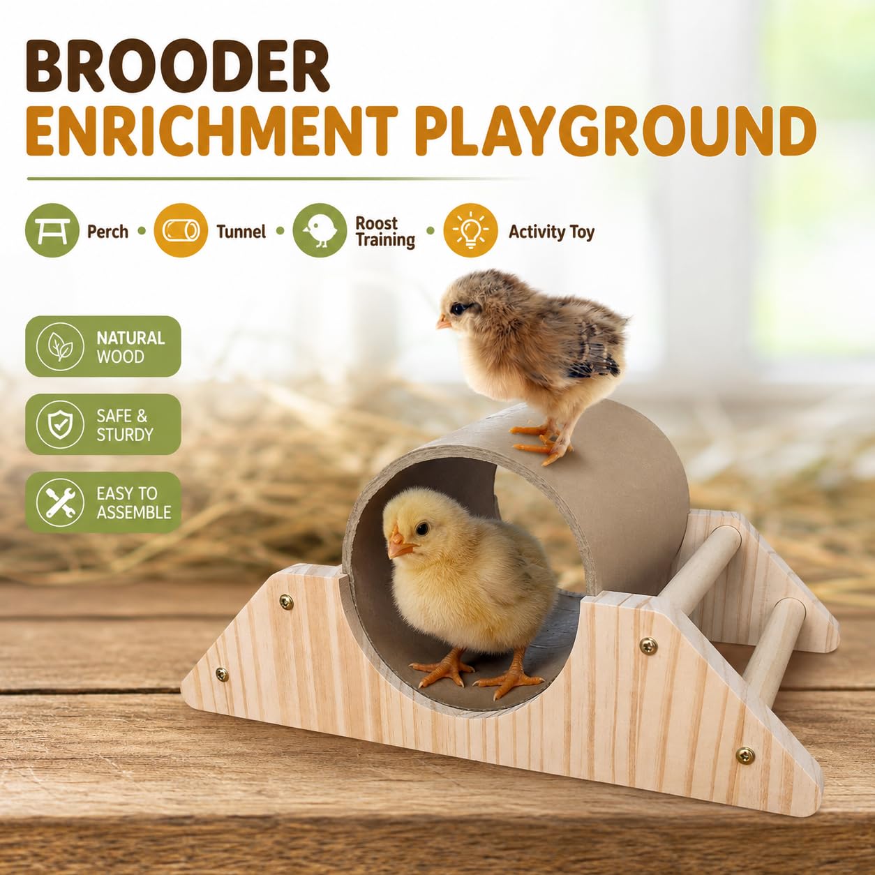 Percha para pollitos de pino con túnel de ocultación, barra fuerte para jugar al gimnasio, juguetes de pollo de accesorios de gallinero y criadora, juguetes de perca de entrenamiento para pájaros