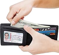 Vista 13 de HIMI - Cartera elegante de cuero auténtico para hombre, con bloqueo de interferencia de radiofrecuencia (RFID), con 2 ventanas para identificación