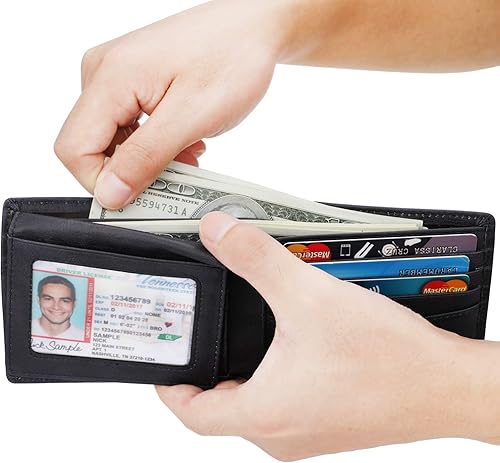 Miniatura 13 de HIMI - Cartera elegante de cuero auténtico para hombre, con bloqueo de interferencia de radiofrecuencia (RFID), con 2 ventanas para identificación