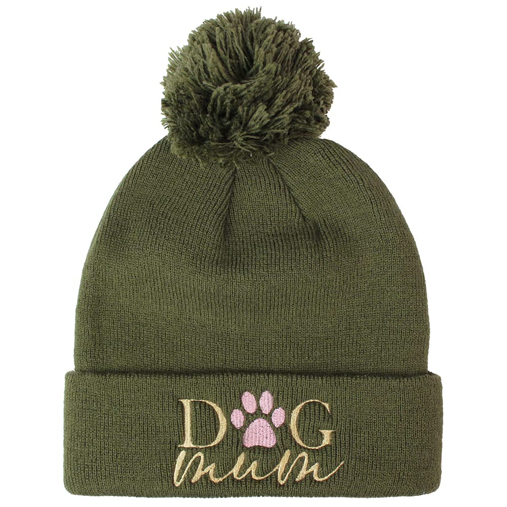 TeddyT's Dog Mum Embroidered Thermal Bobble Beanie Hat (Khaki Green)